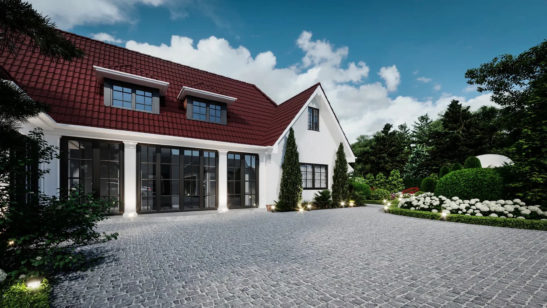 House front with black steel doors, dormer windows and a paved forecourt — House at Albert Mews, Romford