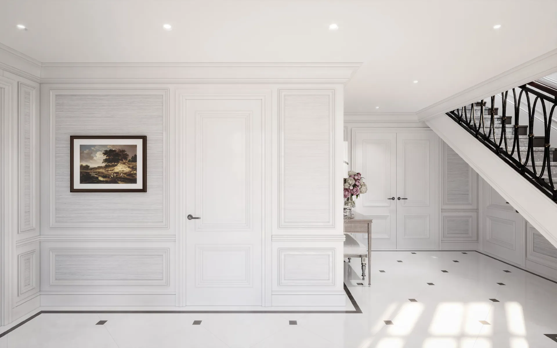 Panelled entrance hall with a marble floor and wrought-iron staircase — House at Albert Mews, Romford