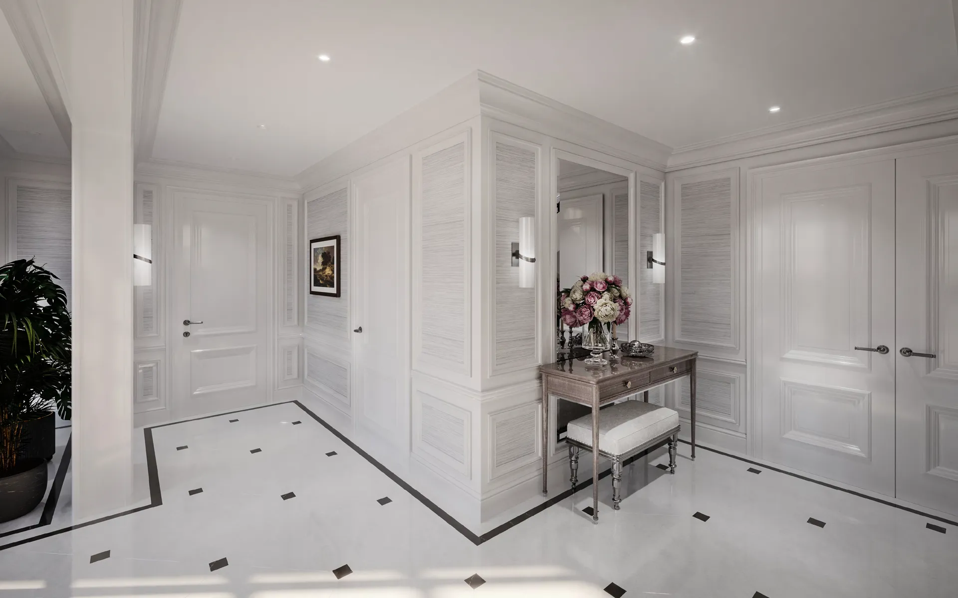 Hallway with a dressing table, flowers and wall lights — House at Albert Mews, Romford