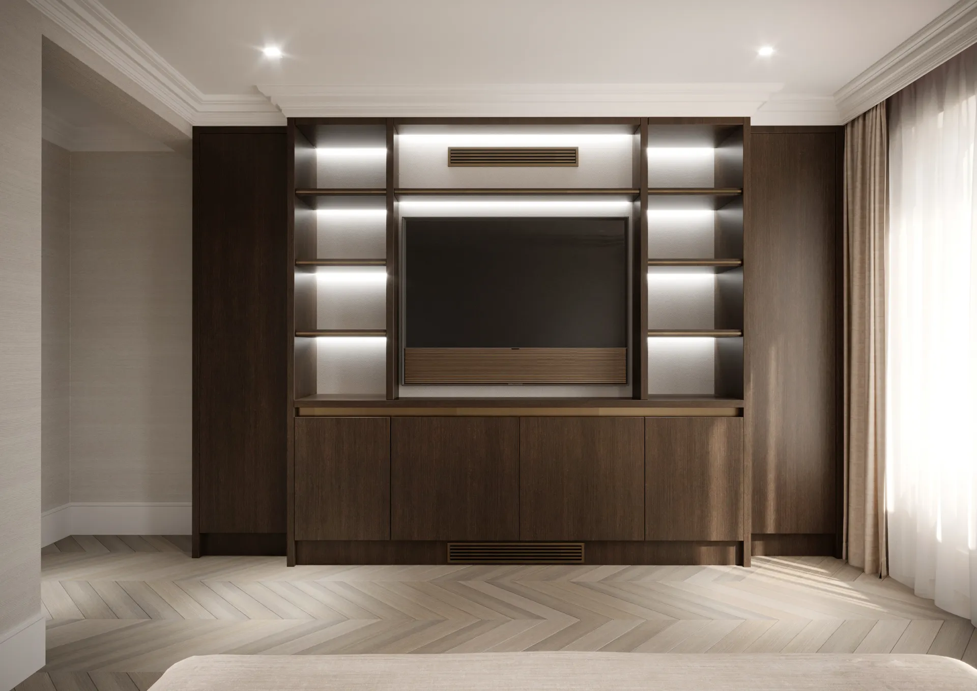 Dark timber TV wall with back-lit shelves above a cabinet base — Belgravia, London