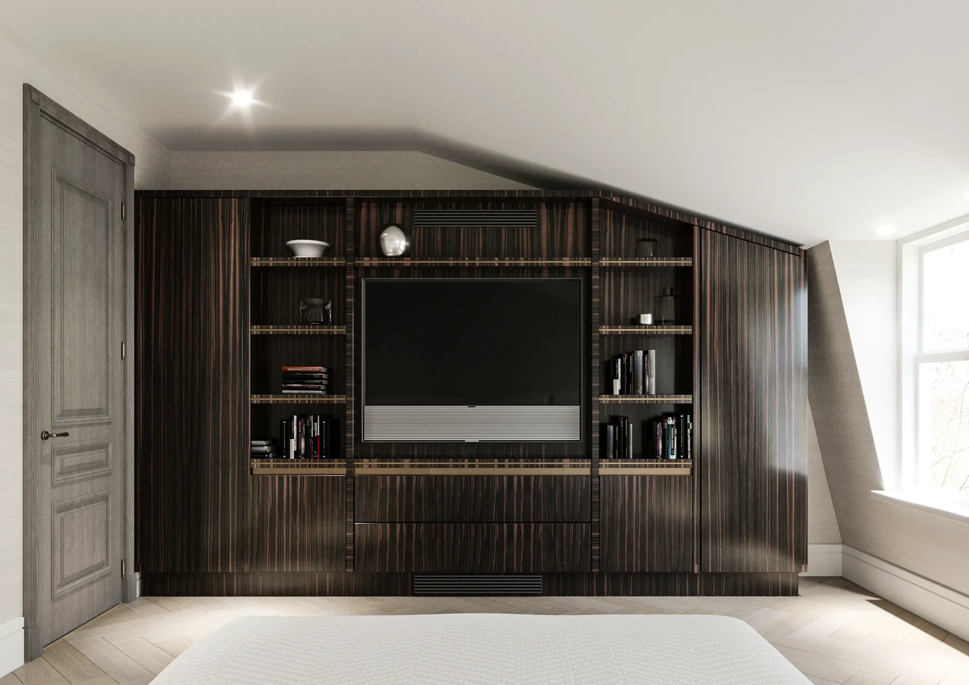 Bedroom TV wall in dark fluted timber with display shelving — Belgravia, London