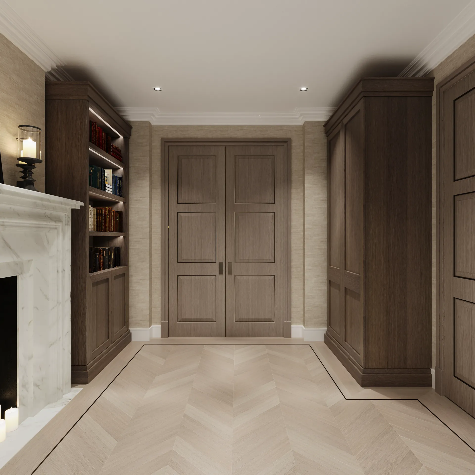 Panelled hallway with double doors, a stone fireplace and bookcases — Belgravia, London