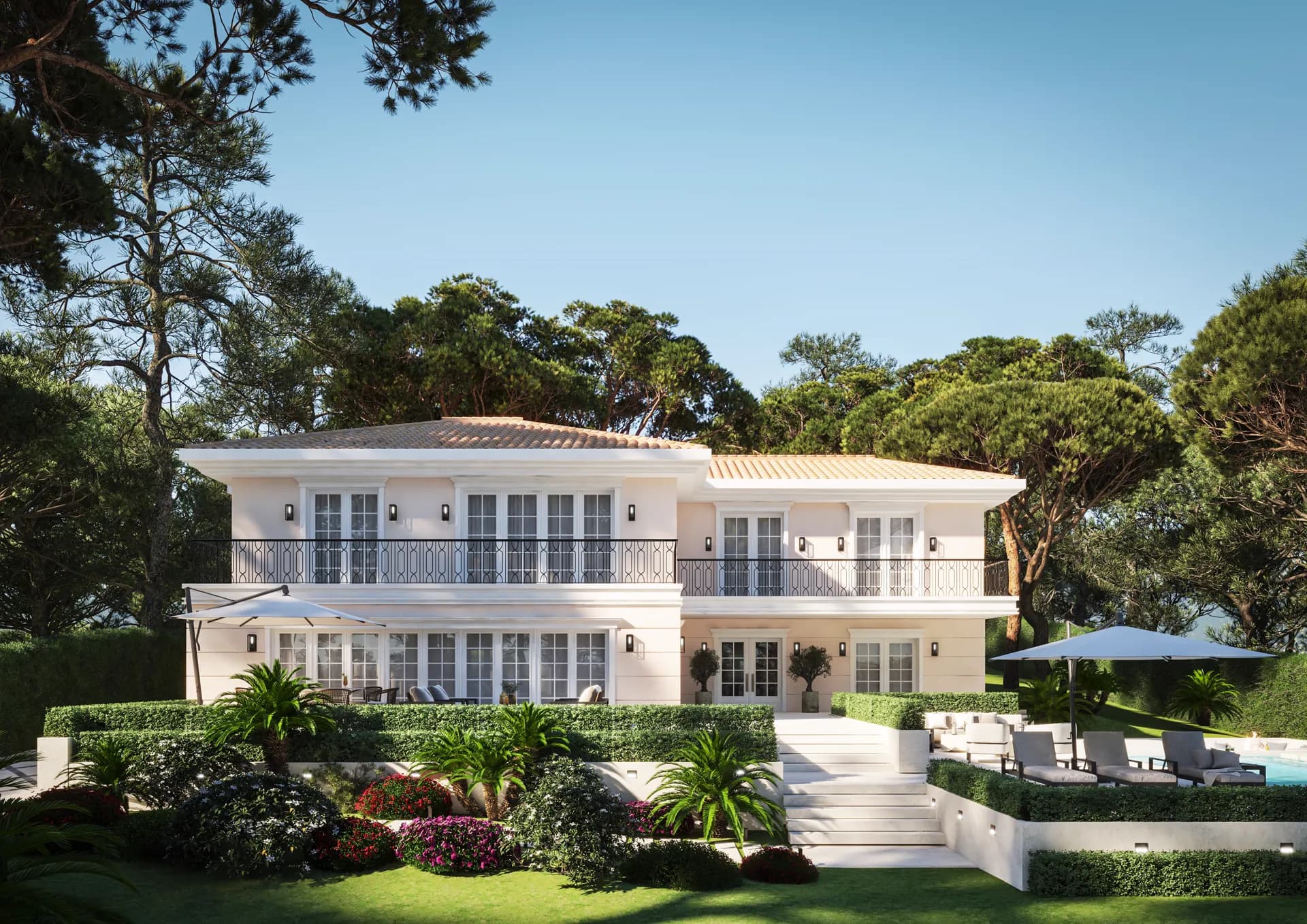 Villa garden front with terraced planting, pool and parasols — Cannes Villa, Cannes
