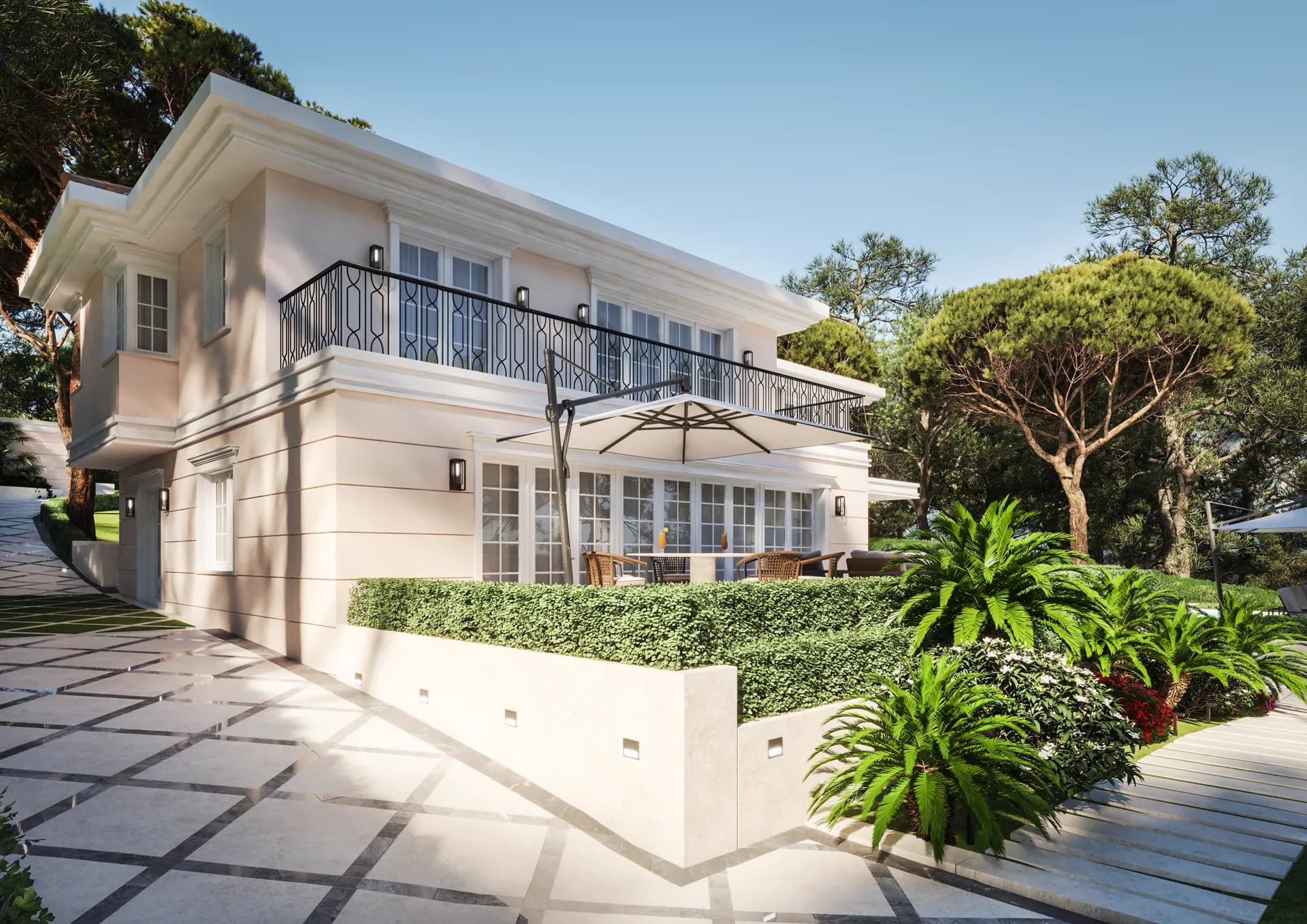 Villa side elevation with a wrought-iron balcony and palms — Cannes Villa, Cannes