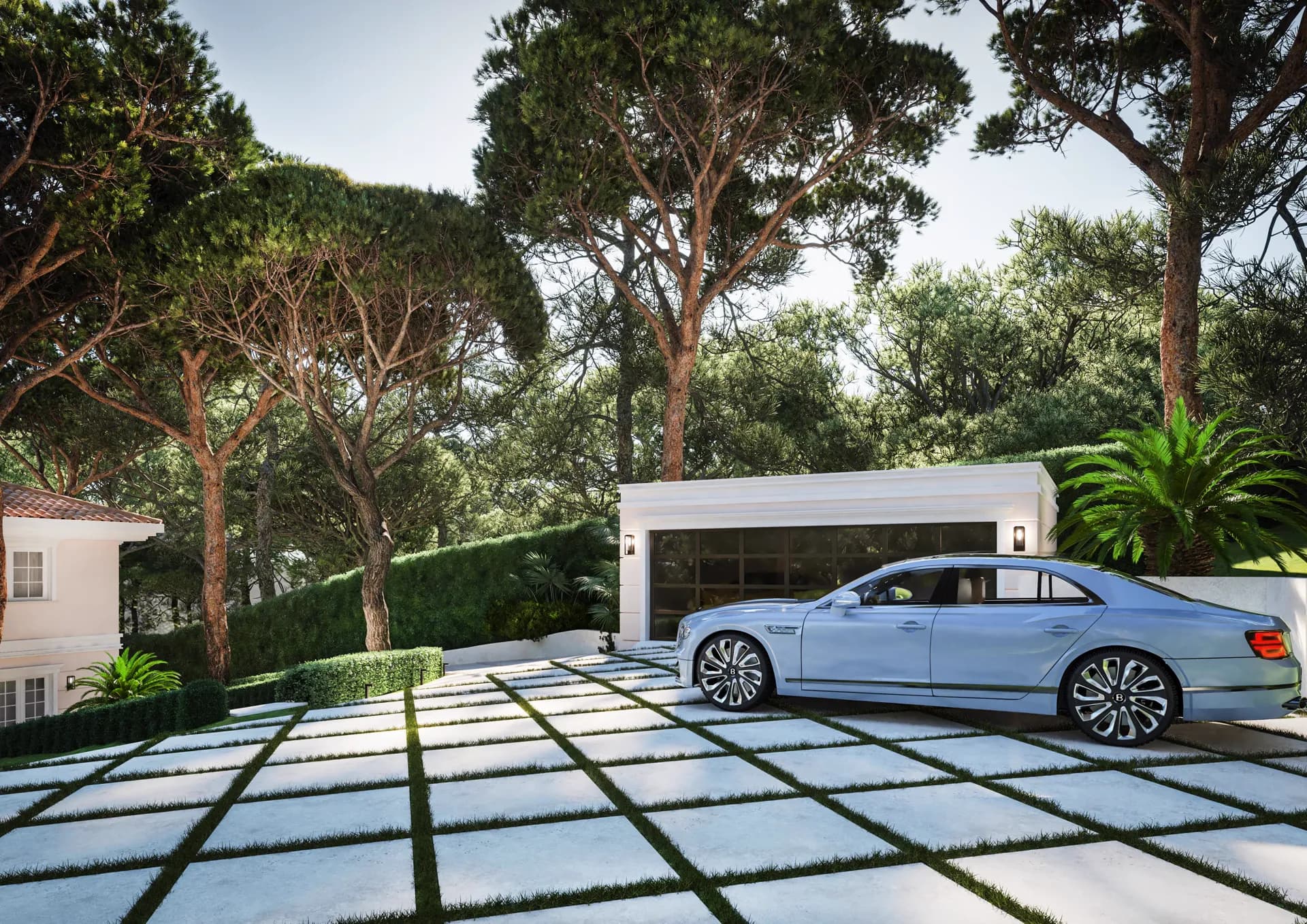 Garage and paved driveway with a luxury car under pines — Cannes Villa, Cannes