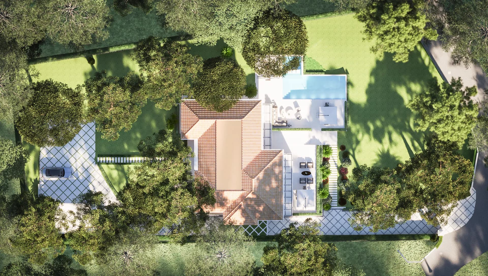 Aerial view of the villa, pool and gardens among pine trees — Cannes Villa, Cannes