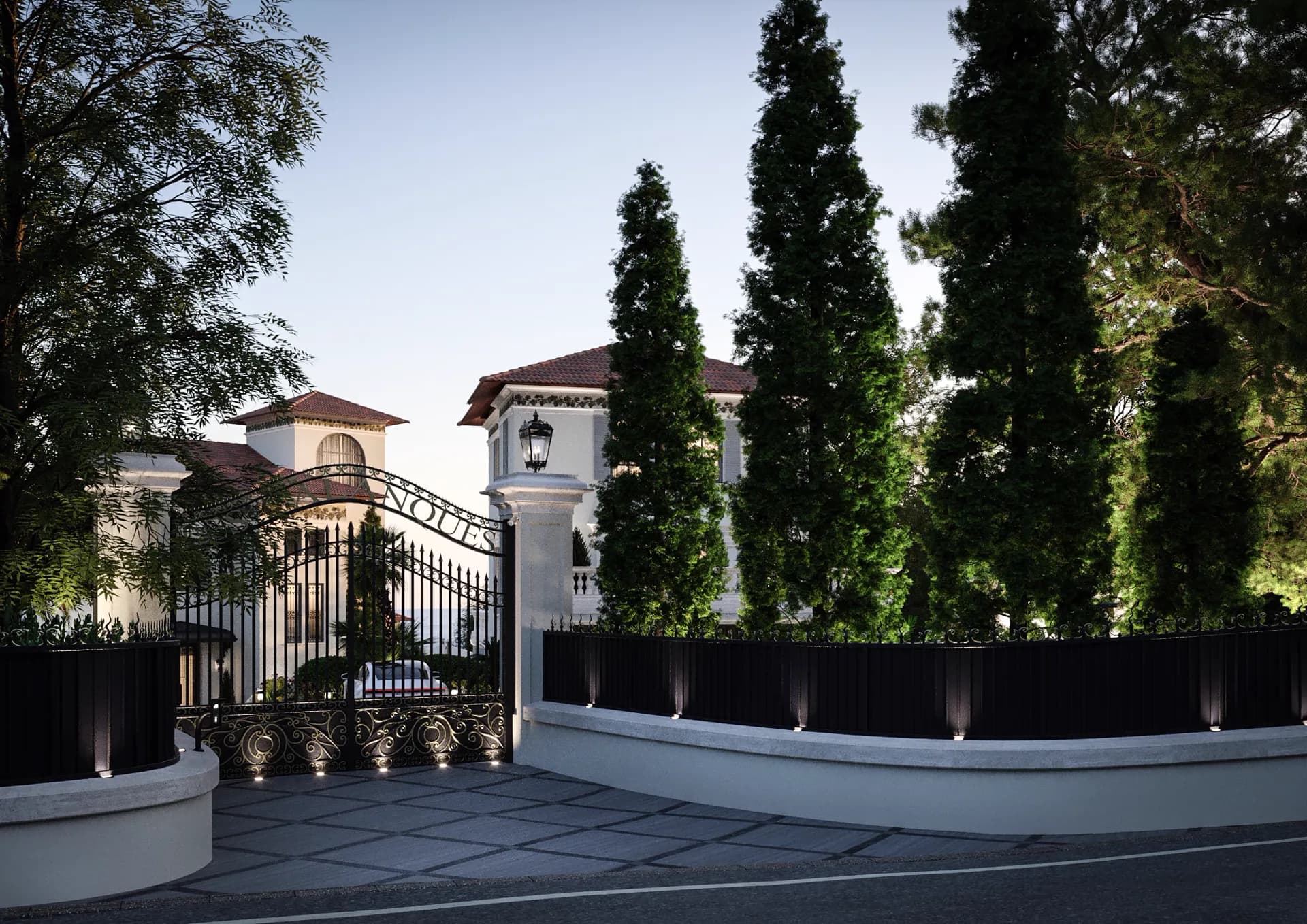 Estate entrance with wrought-iron gates, cypresses and lanterns — Villa at Cap d'Ail, Cap d'Ail