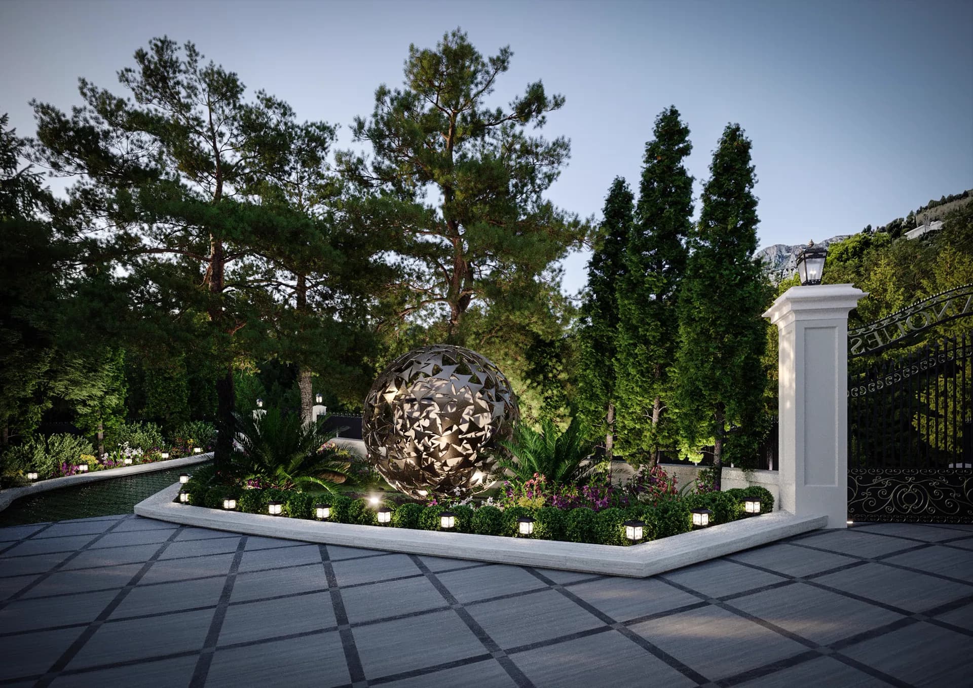 Forecourt with a steel sphere sculpture in a flowering bed — Villa at Cap d'Ail, Cap d'Ail