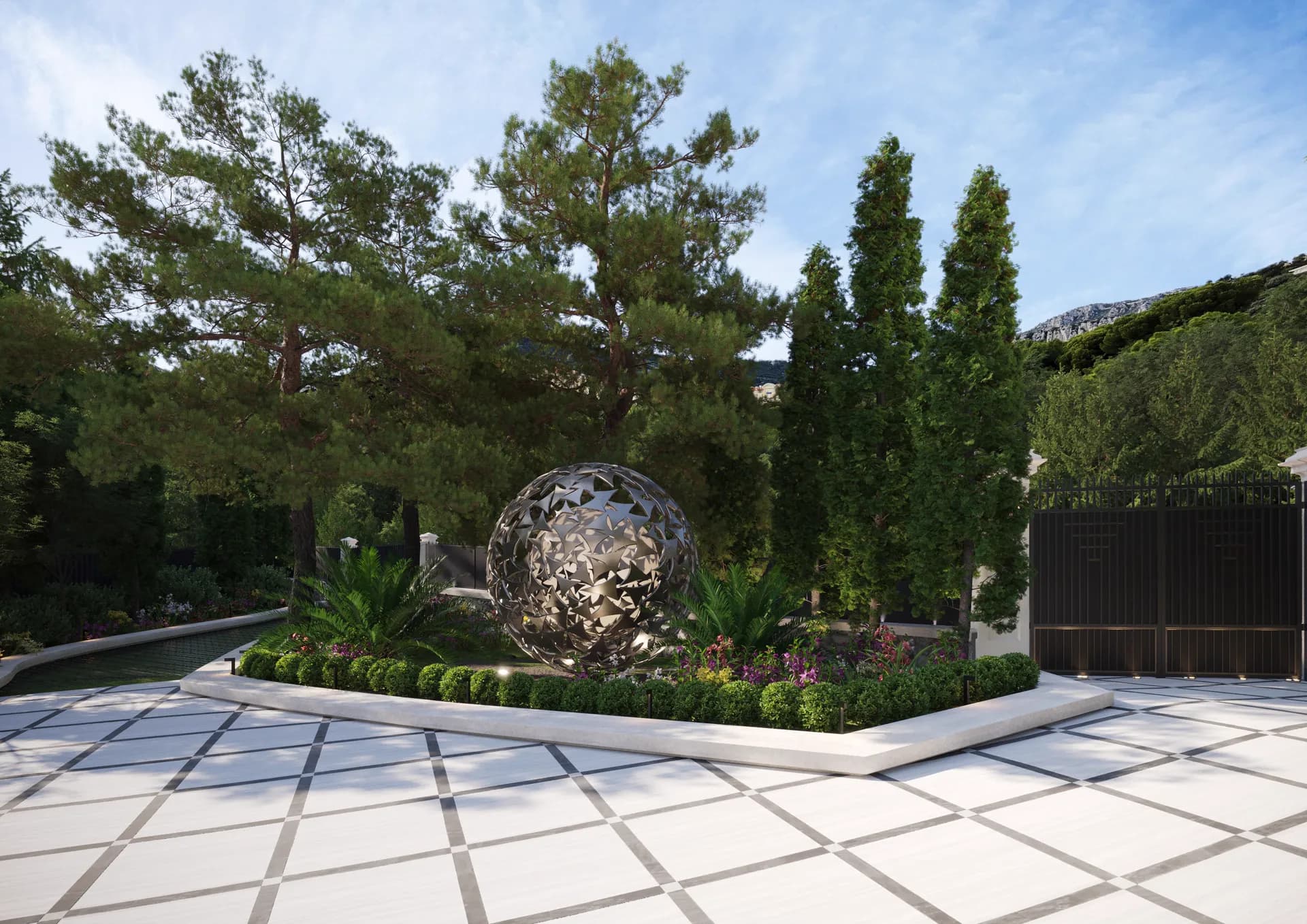 Paved forecourt with a sculpture, cypresses and planting — Villa at Cap d'Ail, Cap d'Ail