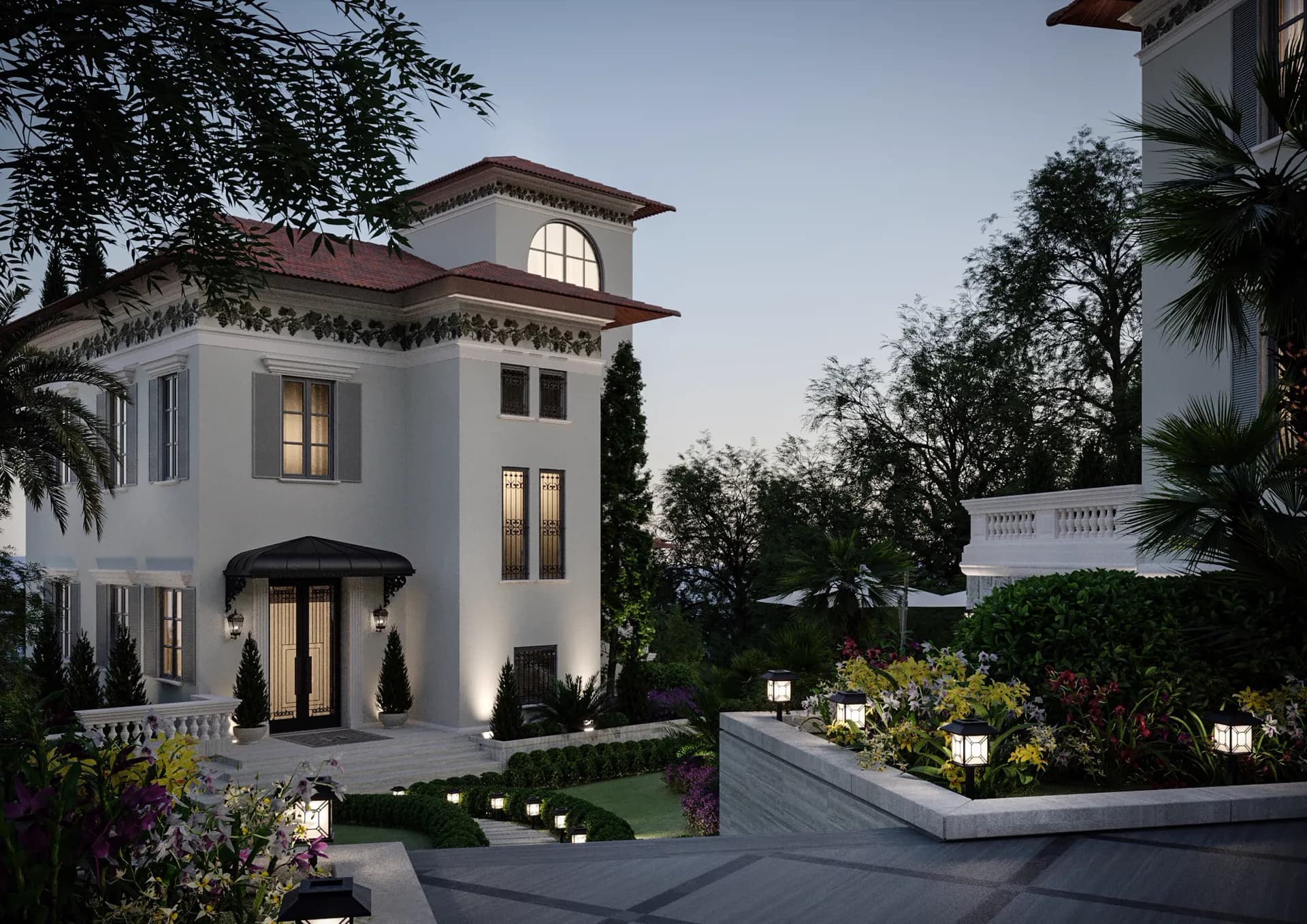 Three-storey villa with an arched window, shutters and lit garden — Villa at Cap d'Ail, Cap d'Ail