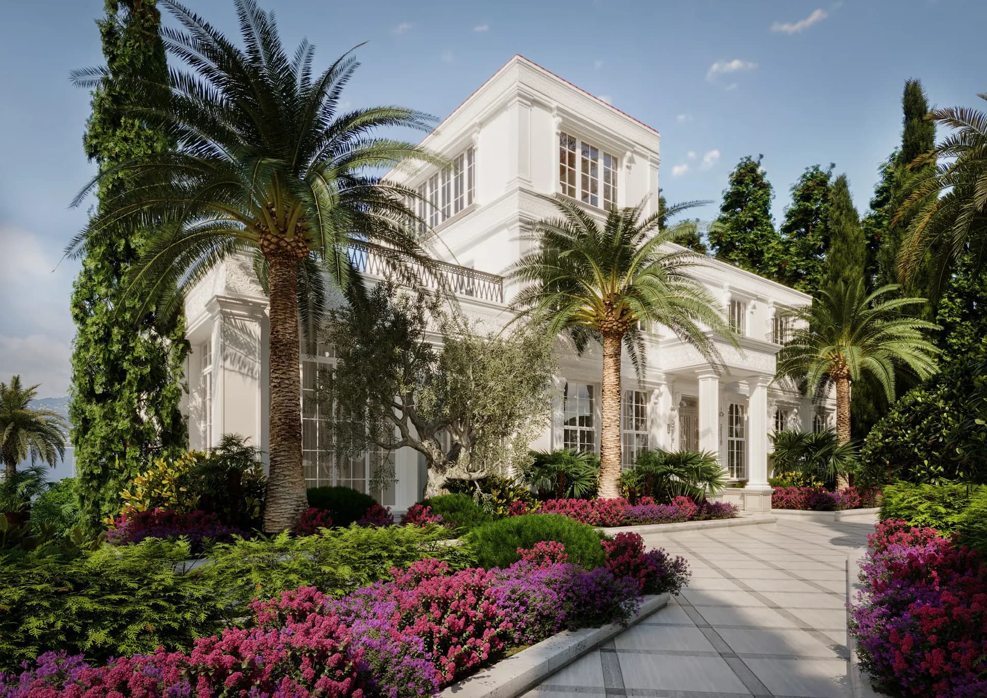 White neoclassical villa behind palms, cypresses and a paved forecourt — Villa La Fadarello, Cap Ferrat