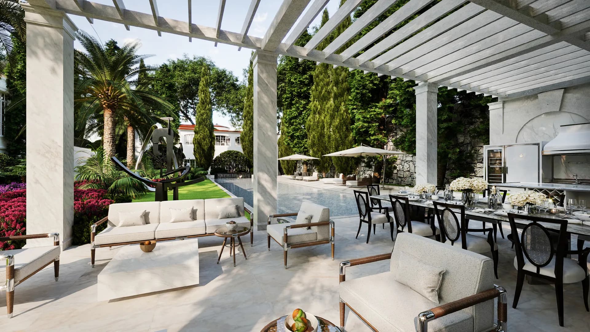 Outdoor dining and lounge under a white pergola beside the pool — Villa La Fadarello, Cap Ferrat