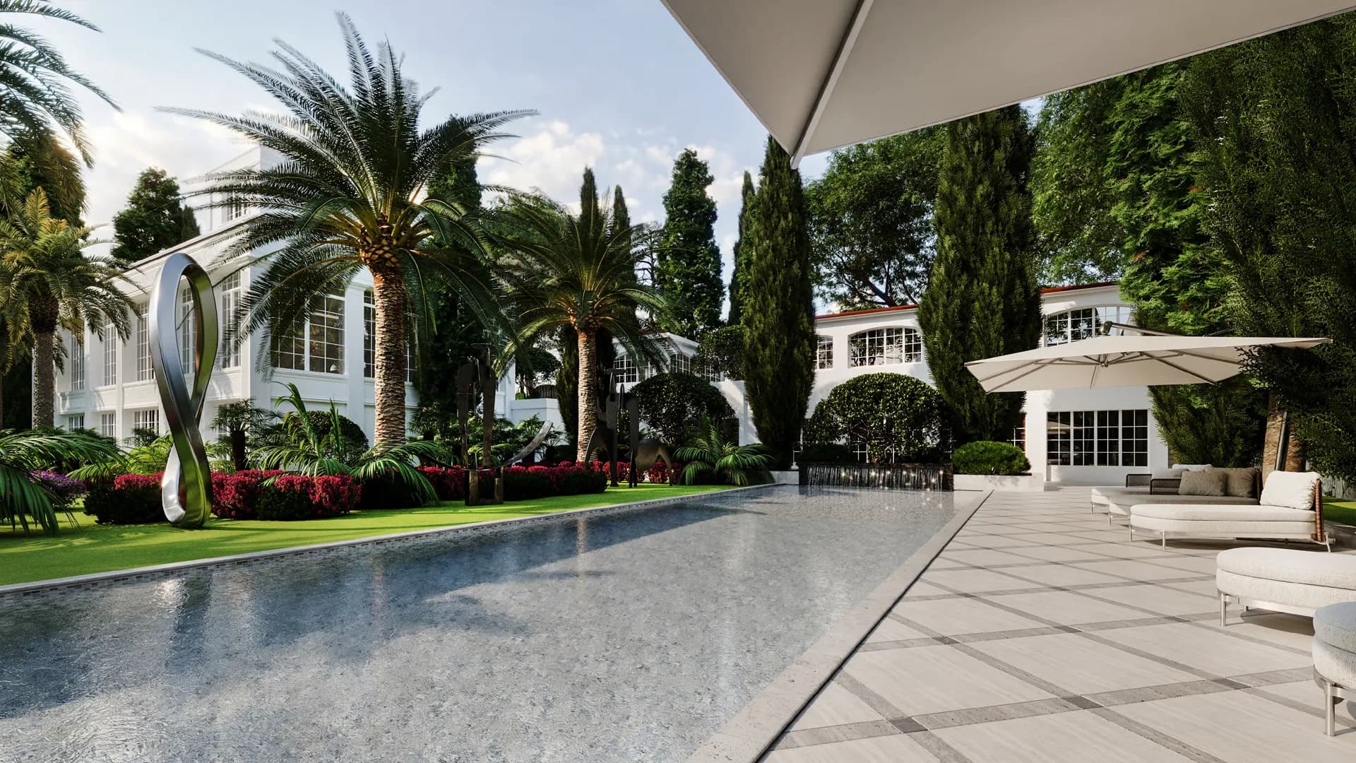 Long reflecting pool with a sculpture, palms and parasols — Villa La Fadarello, Cap Ferrat