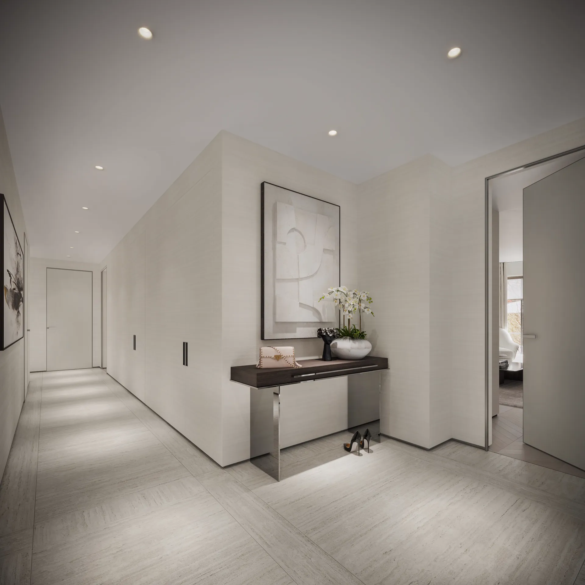 Entrance hall with a floating console, orchids and abstract art in soft neutral tones — Chelsea Apartment, London