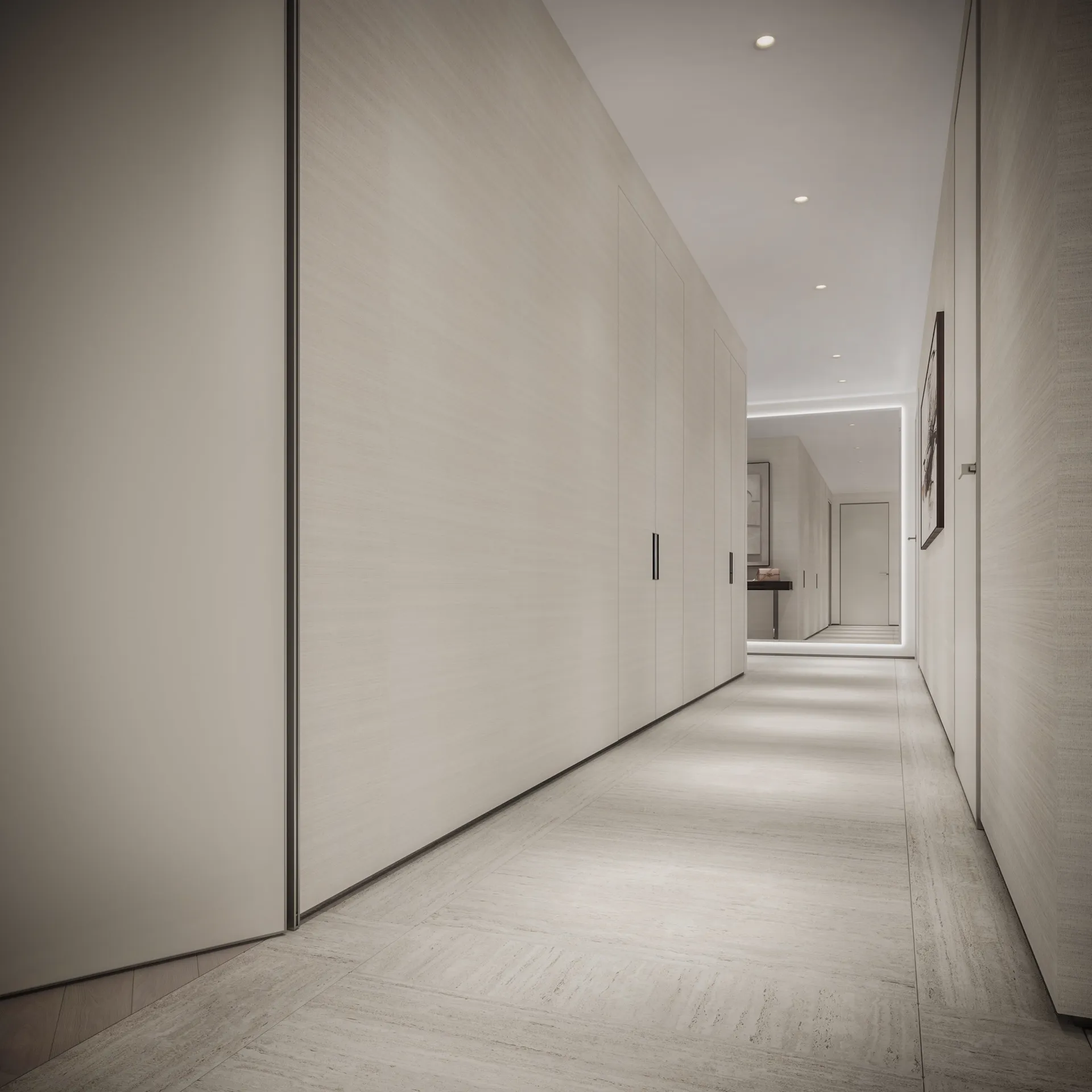 Long minimalist corridor with full-height flush doors and concealed lighting — Chelsea Apartment, London