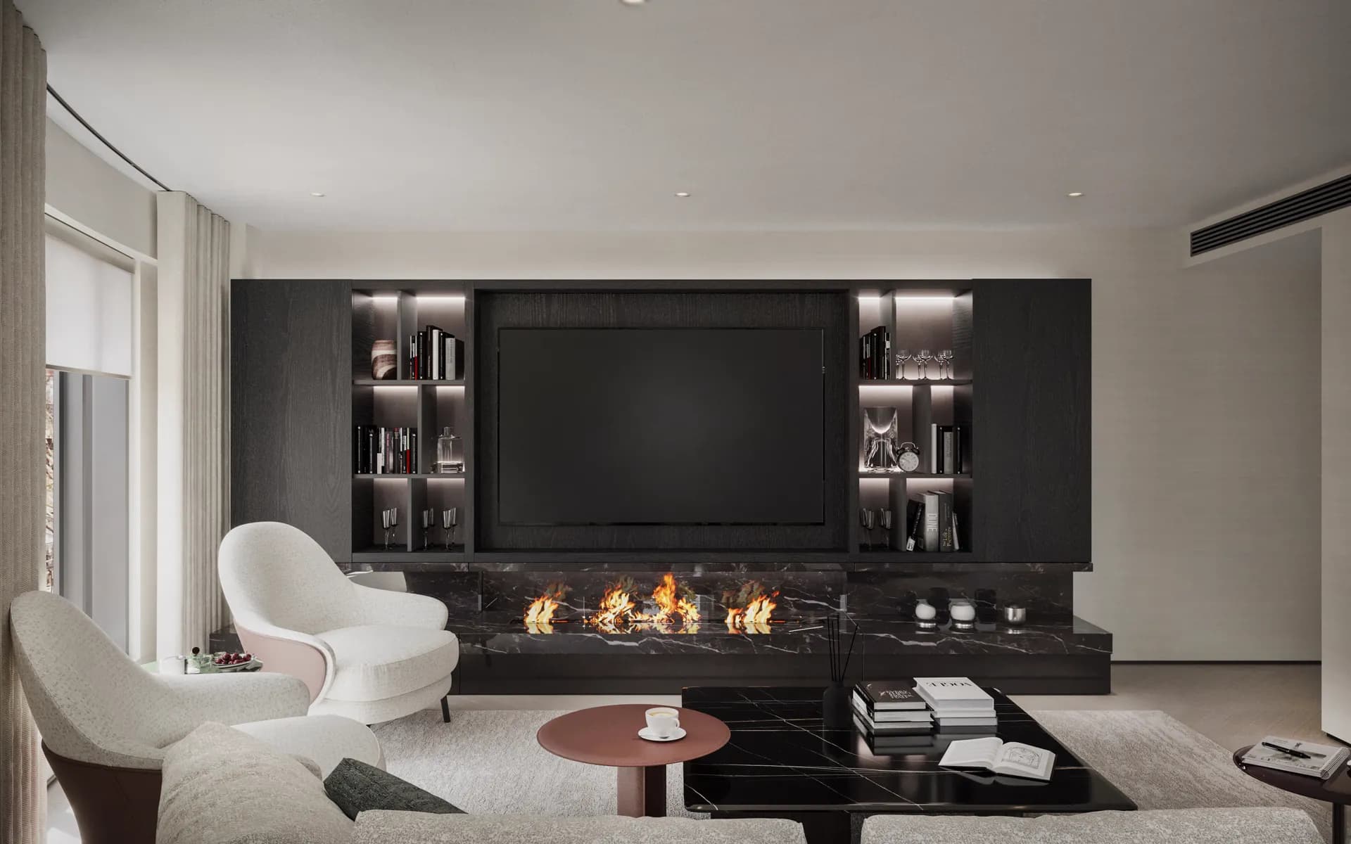 Seating area around a black marble fireplace with lit display shelving — Chelsea Apartment, London