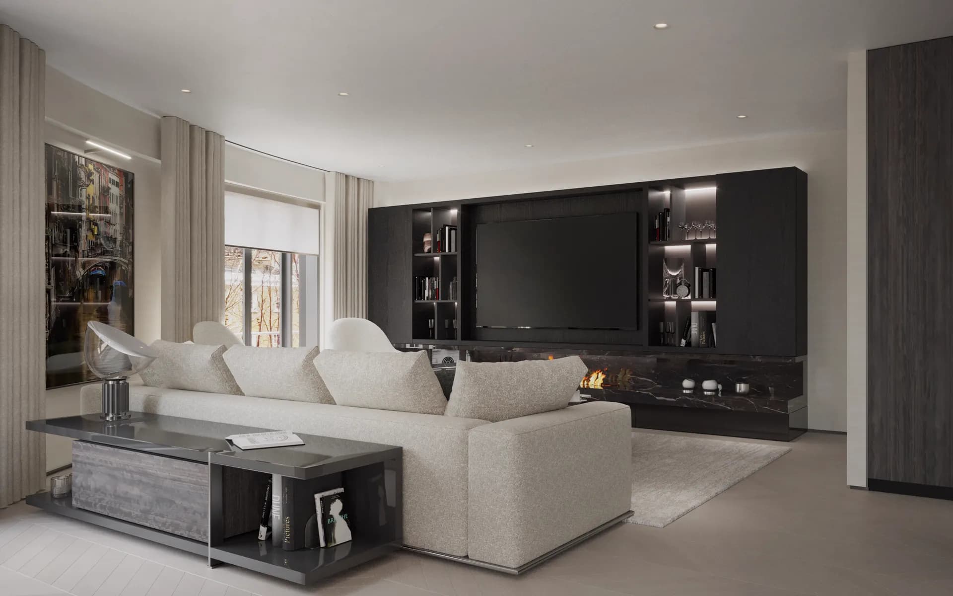 Cream sofa and side table in front of the media wall with back-lit shelves — Chelsea Apartment, London