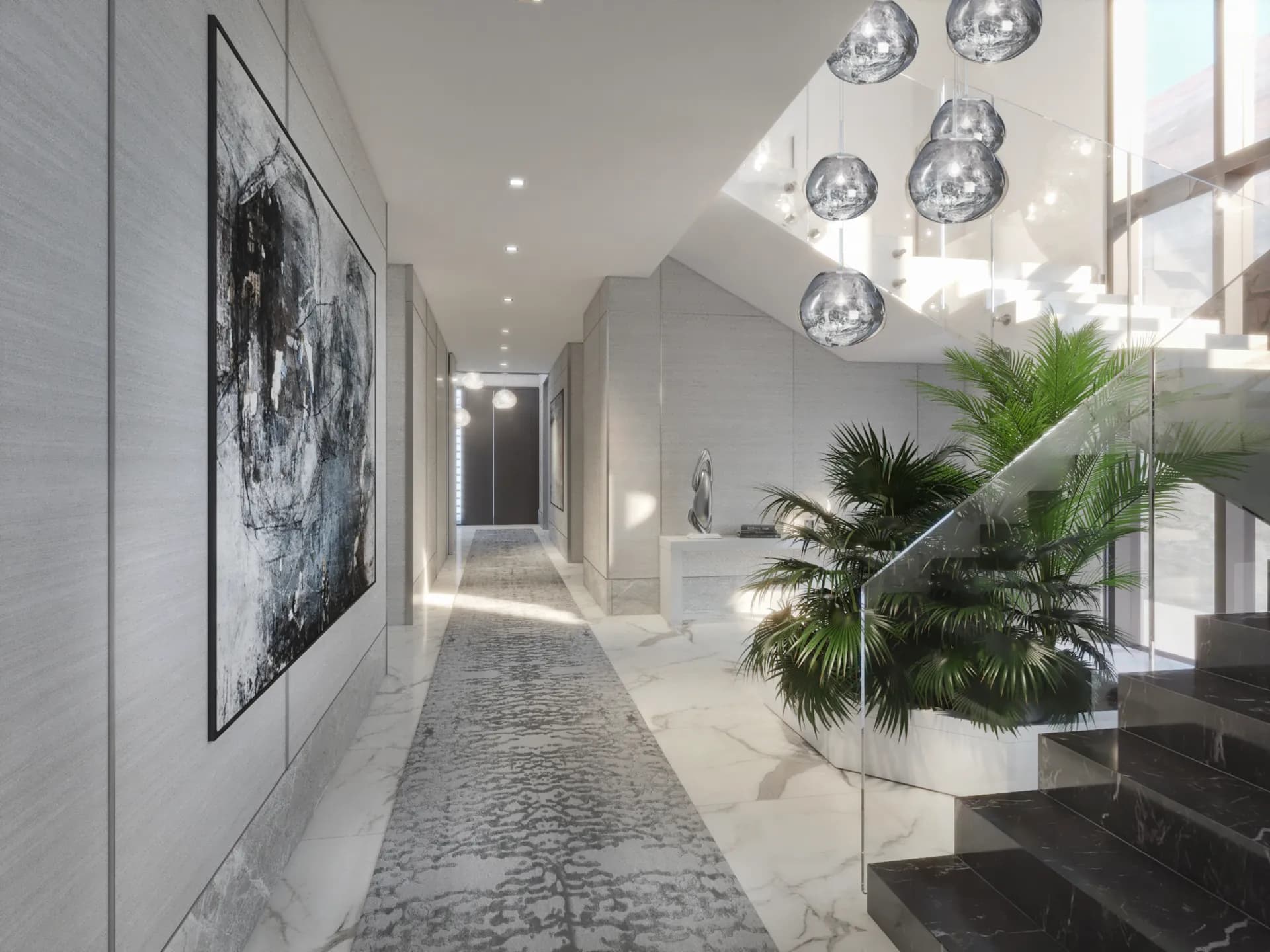 Stair hall with a cascade of glass pendants, planting and large artwork — Persian Gulf Coast Villa, Abu Dhabi