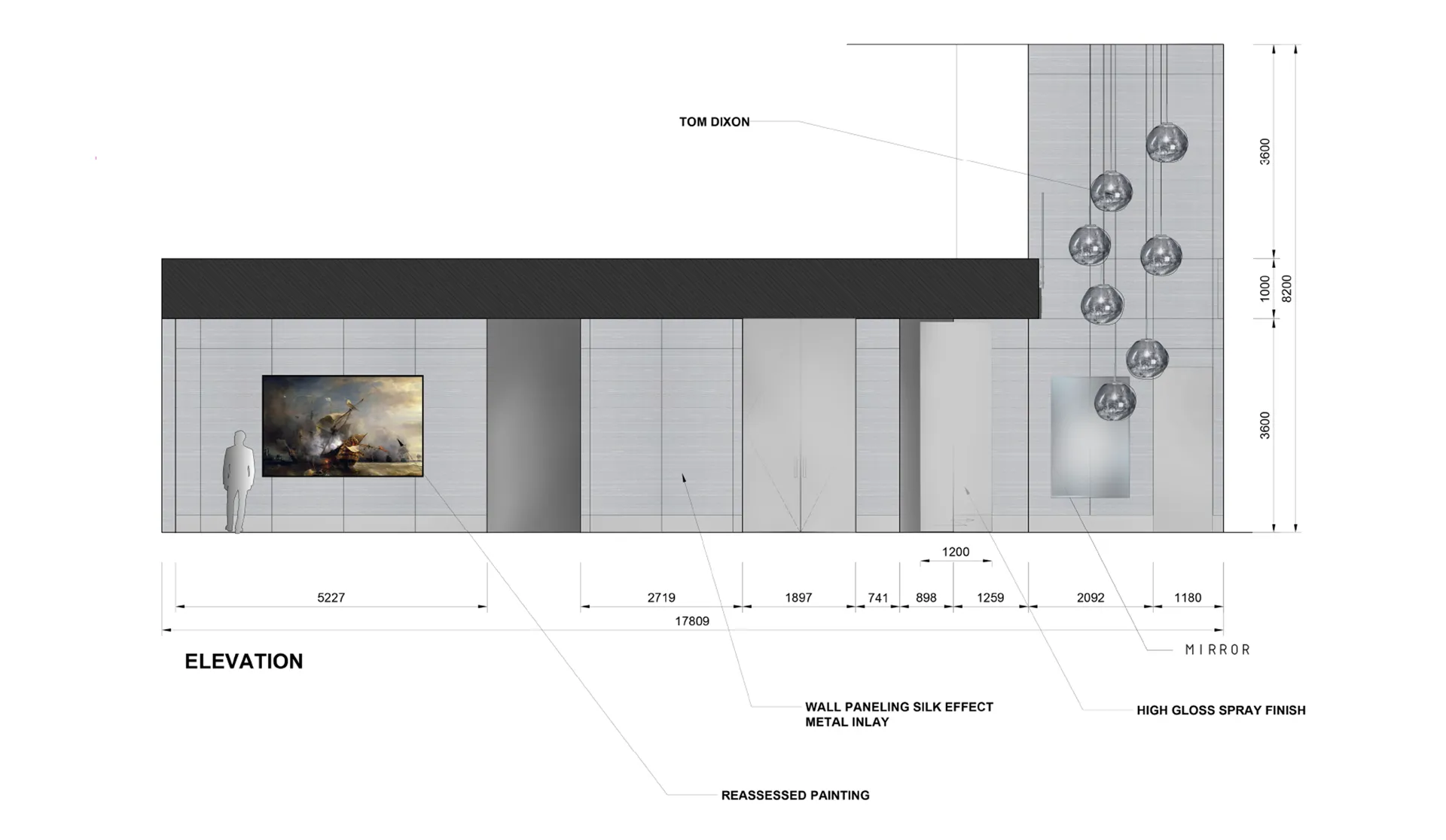 Wall elevation with a pendant cluster, silk-effect panelling and recessed painting — Persian Gulf Coast Villa, Abu Dhabi