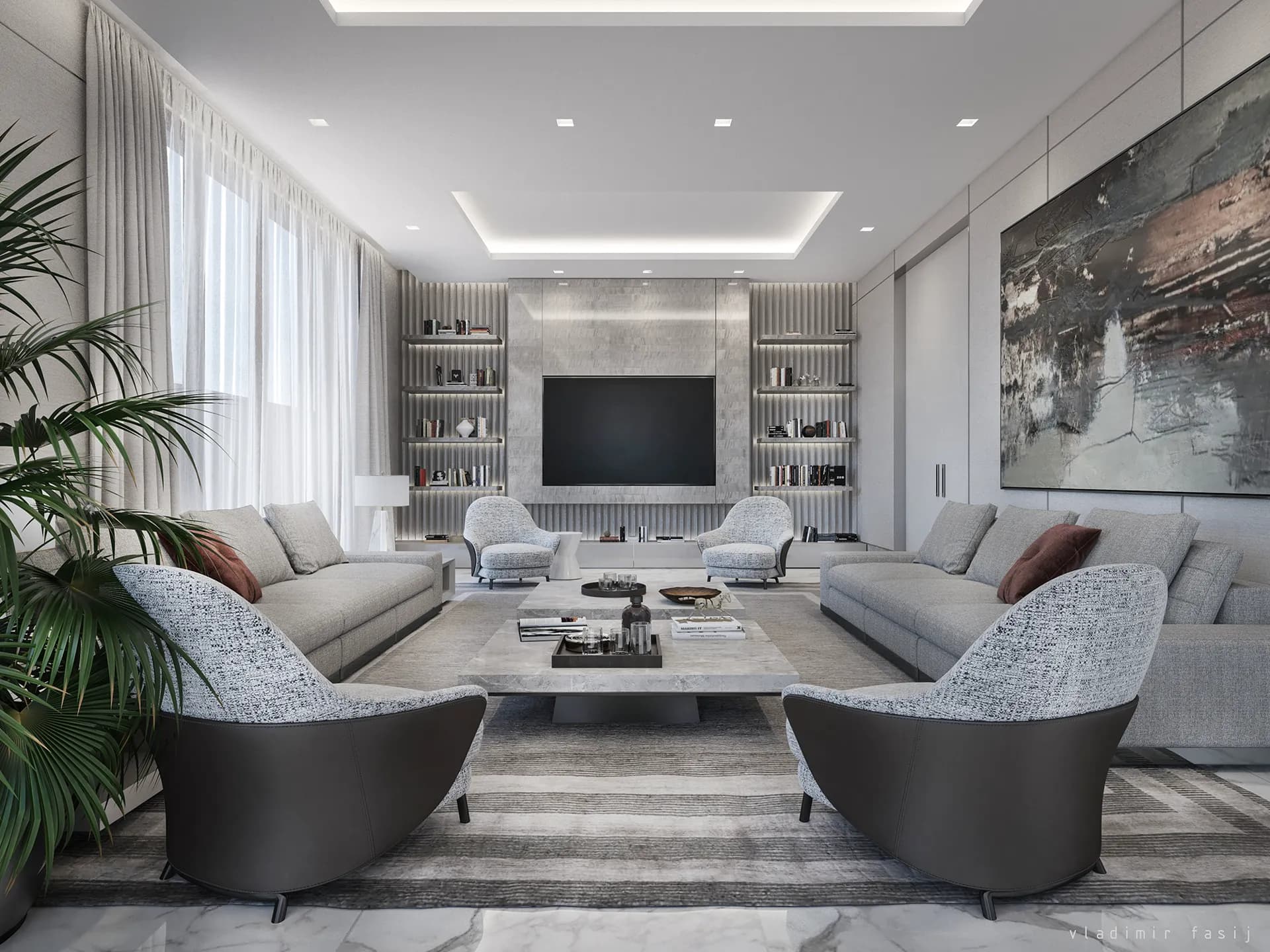 Living room with grey sofas, patterned armchairs and a media wall — Persian Gulf Coast Villa, Abu Dhabi