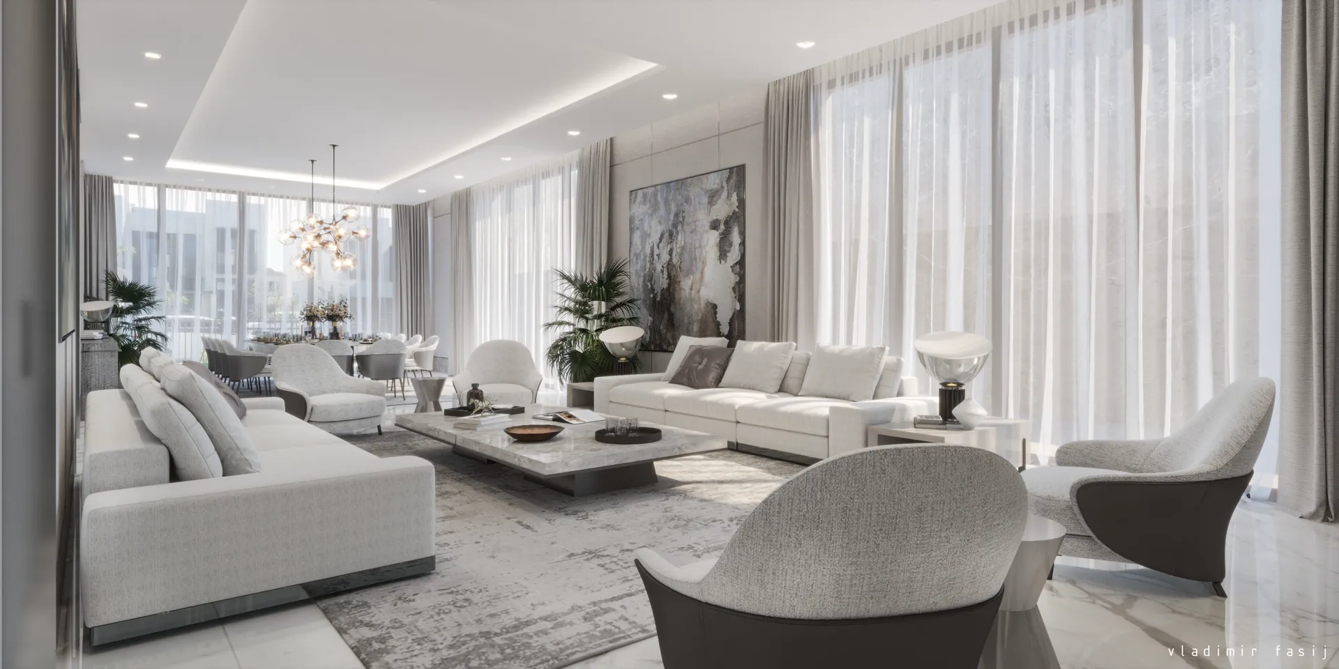Bright living room with white sofas and floor-to-ceiling curtains — Persian Gulf Coast Villa, Abu Dhabi