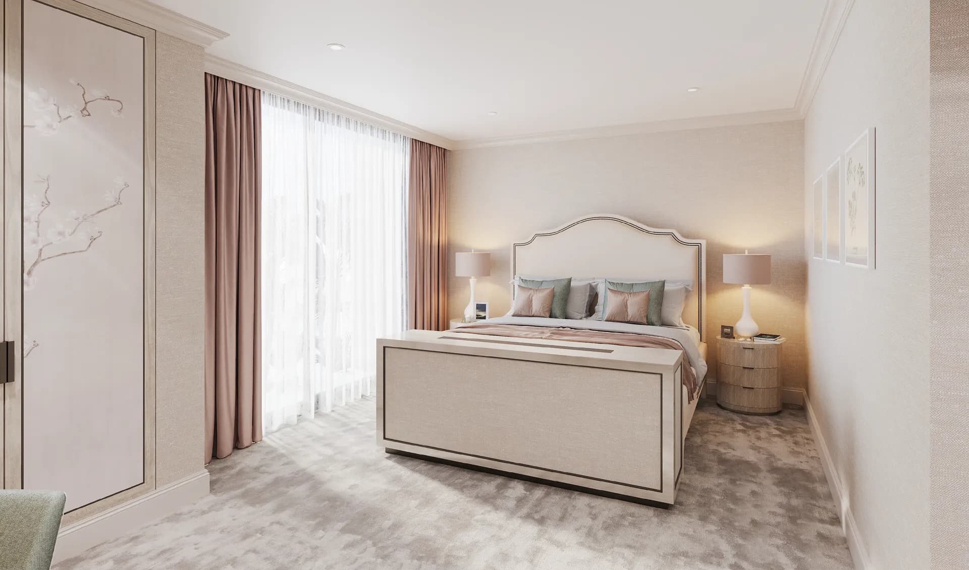 Blush-toned bedroom with an upholstered bed and hand-painted wall panels — Villa at Saadiyat Island, Abu Dhabi