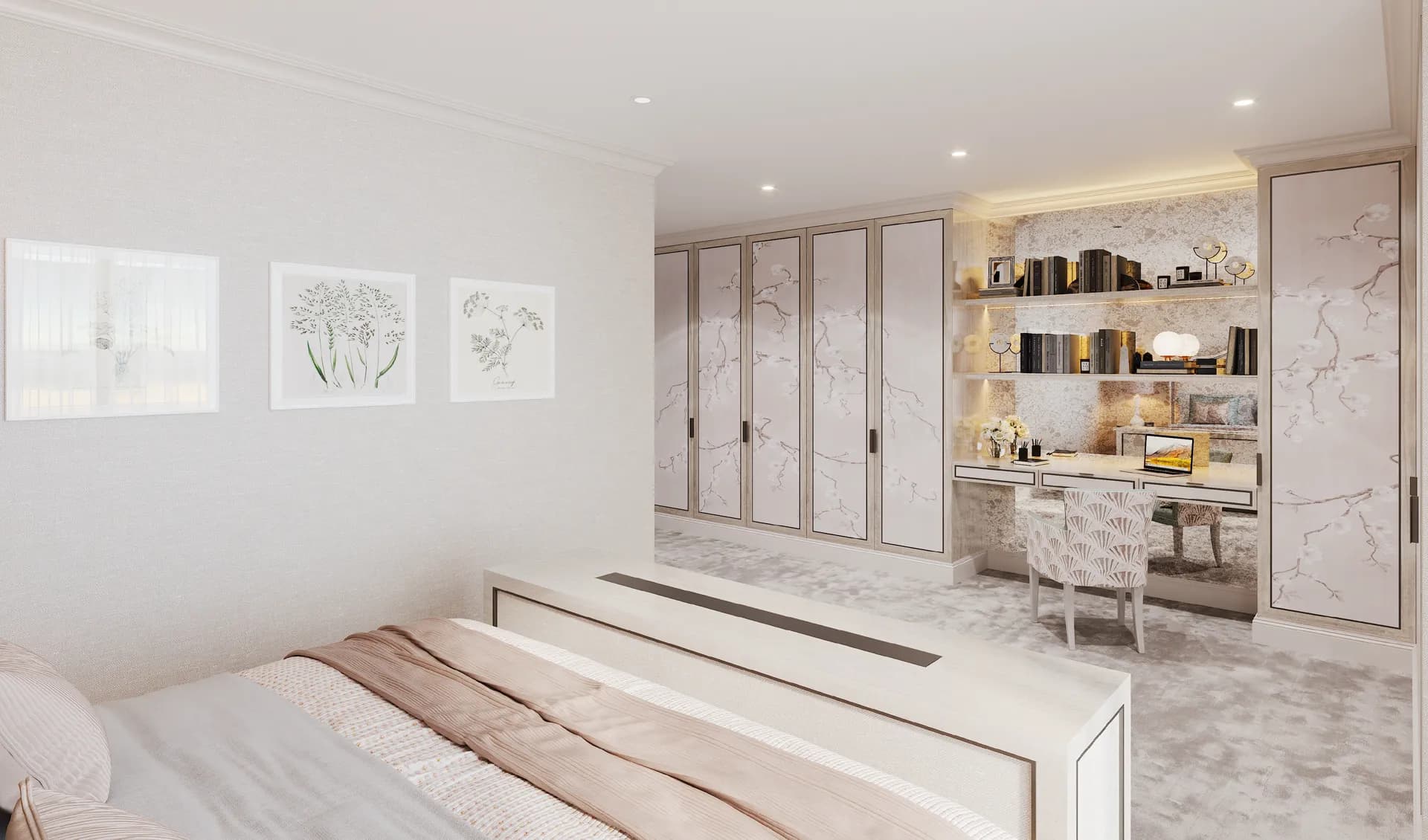 Bedroom with built-in wardrobes, a lit study desk and botanical prints — Villa at Saadiyat Island, Abu Dhabi