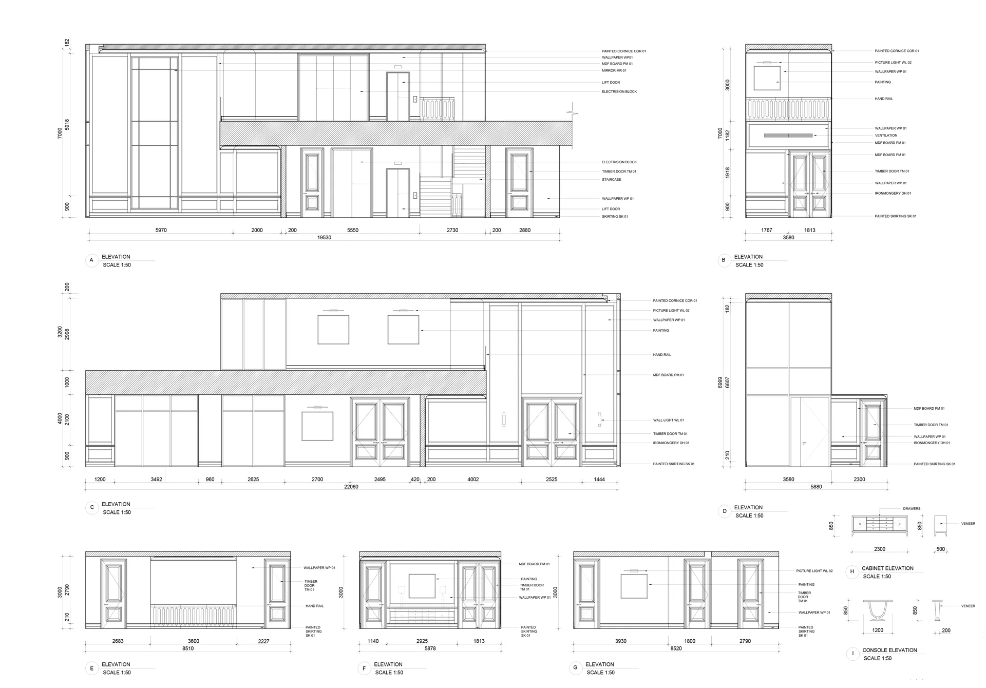 Joinery elevations for bedroom wardrobes and a desk — Villa at Saadiyat Island, Abu Dhabi