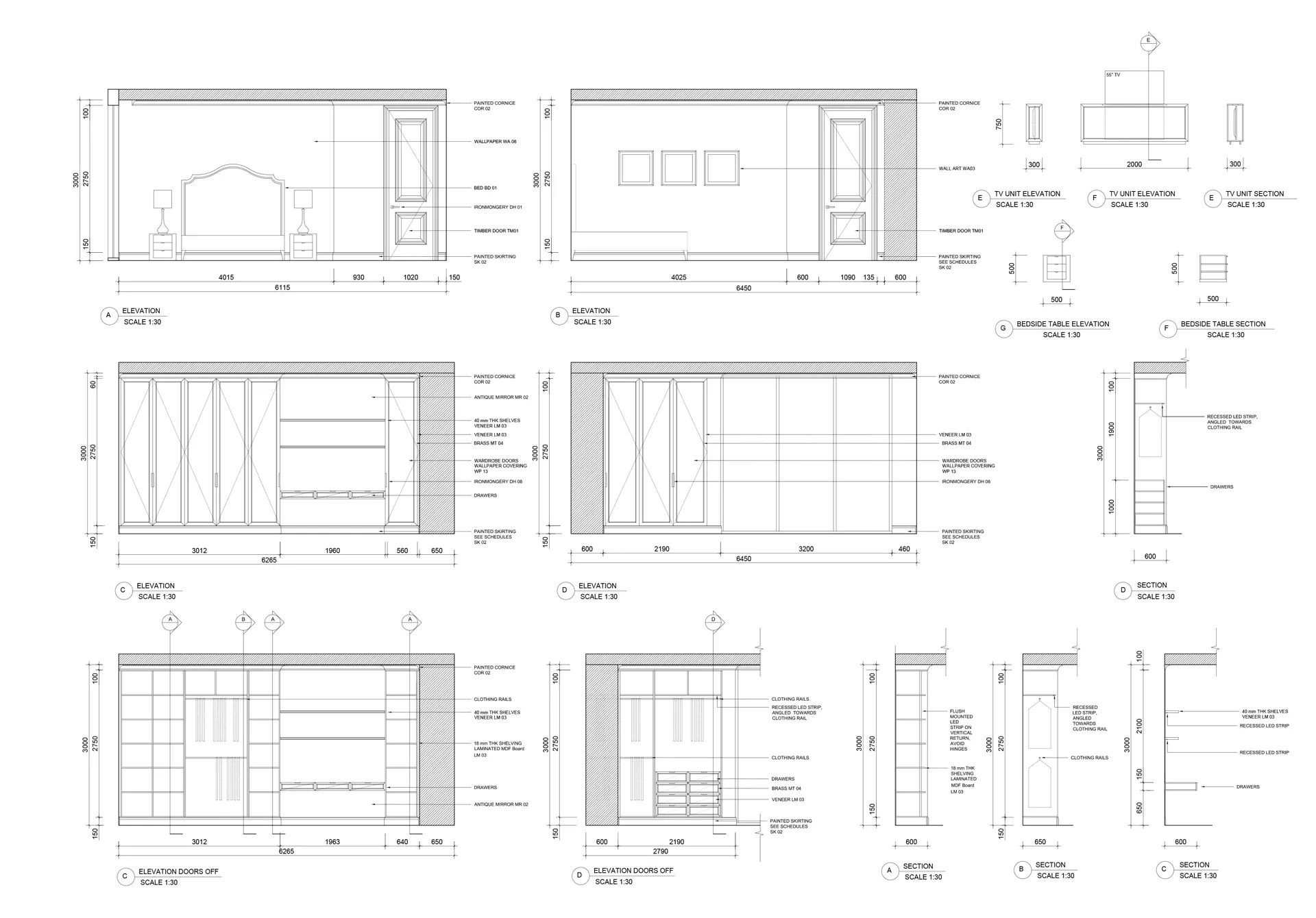 Bedroom elevation drawings: headboard wall, wardrobes and details — Villa at Saadiyat Island, Abu Dhabi