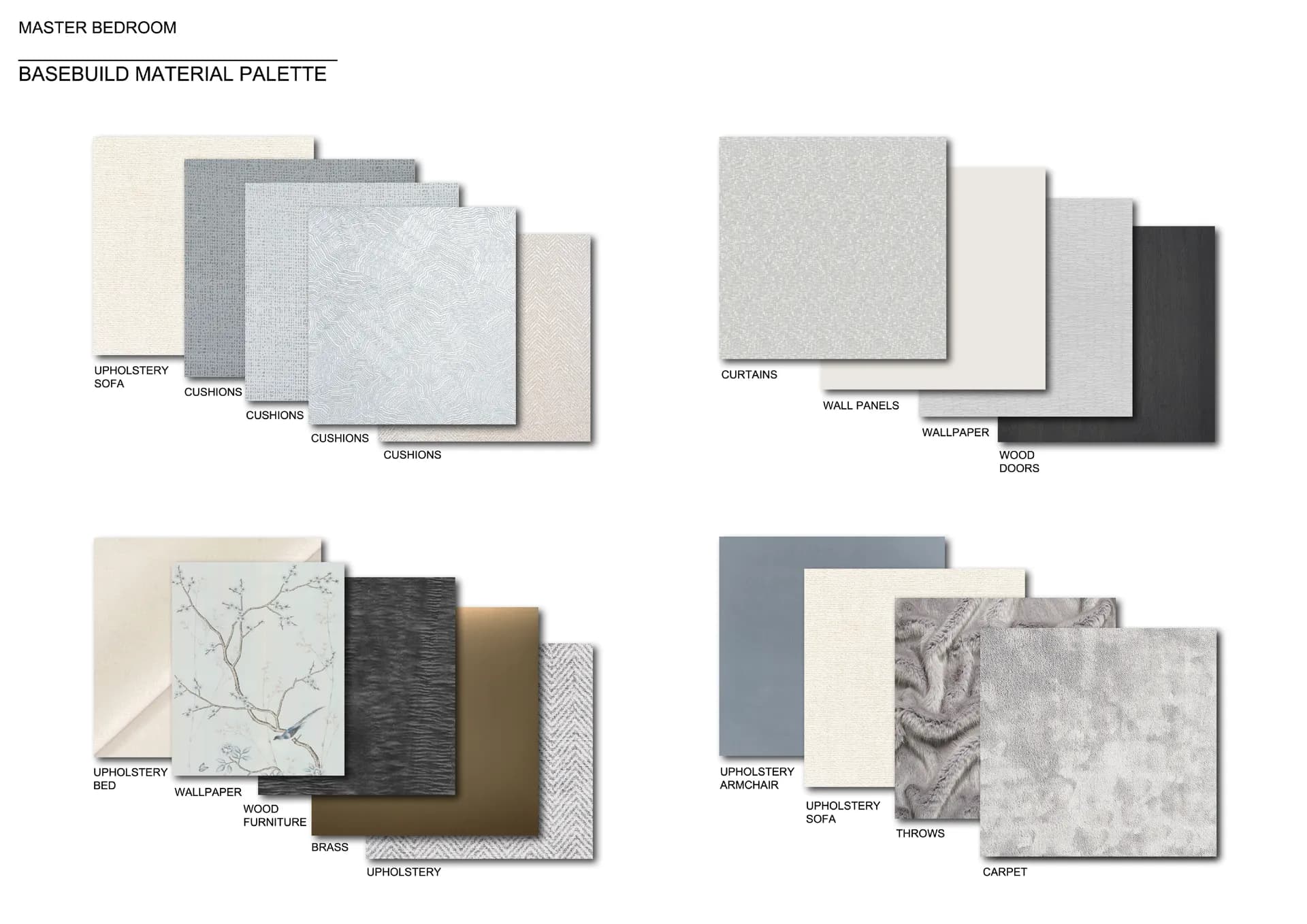 Bedroom material palette: upholstery, wallpaper, curtains and carpet samples — Villa at Saadiyat Island, Abu Dhabi