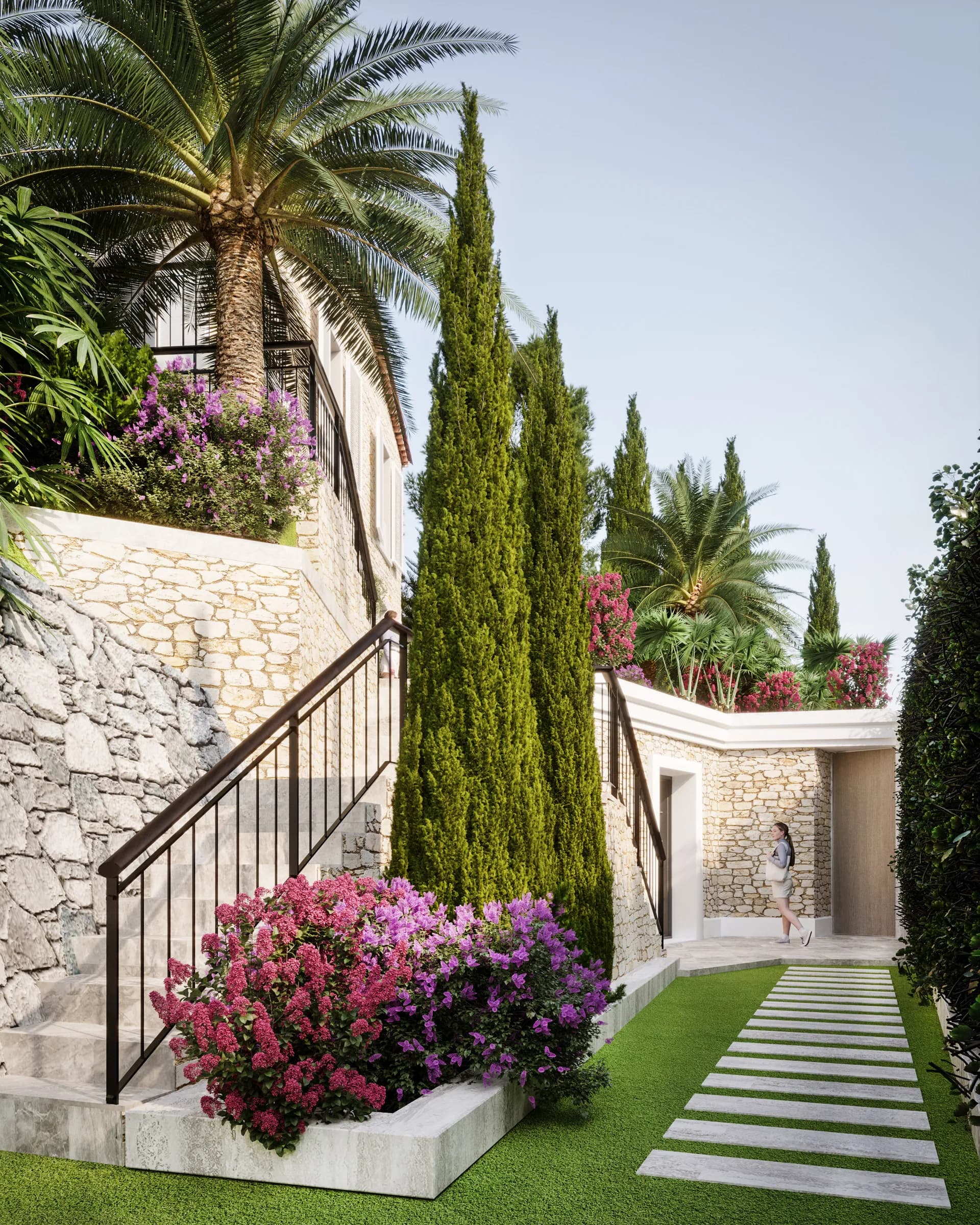 Garden steps between stone retaining walls, cypresses and flowers — Villa La Belle, Saint-Jean-Cap-Ferrat