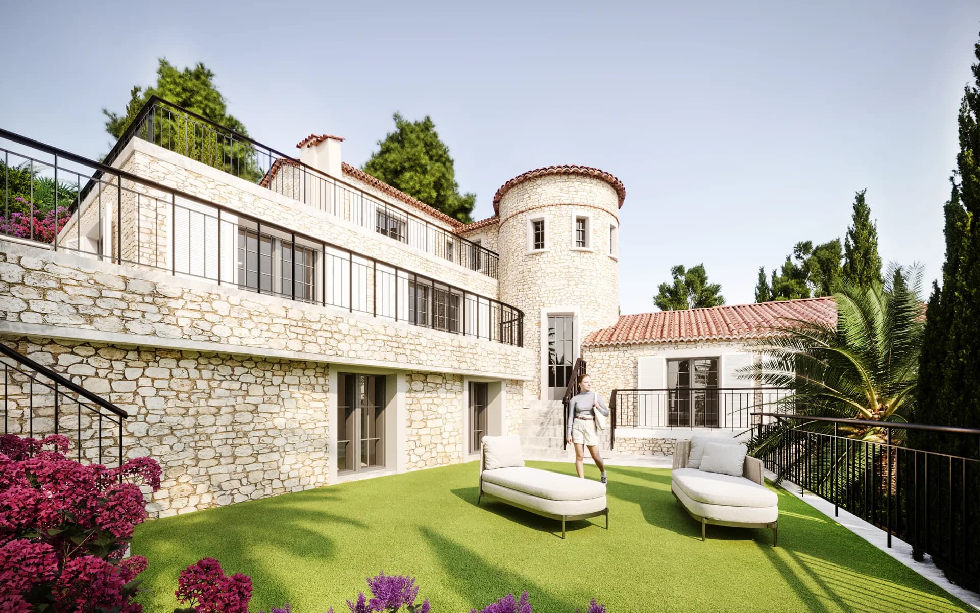 Stone villa with a round tower, terraces and a lawn with sun loungers — Villa La Belle, Saint-Jean-Cap-Ferrat