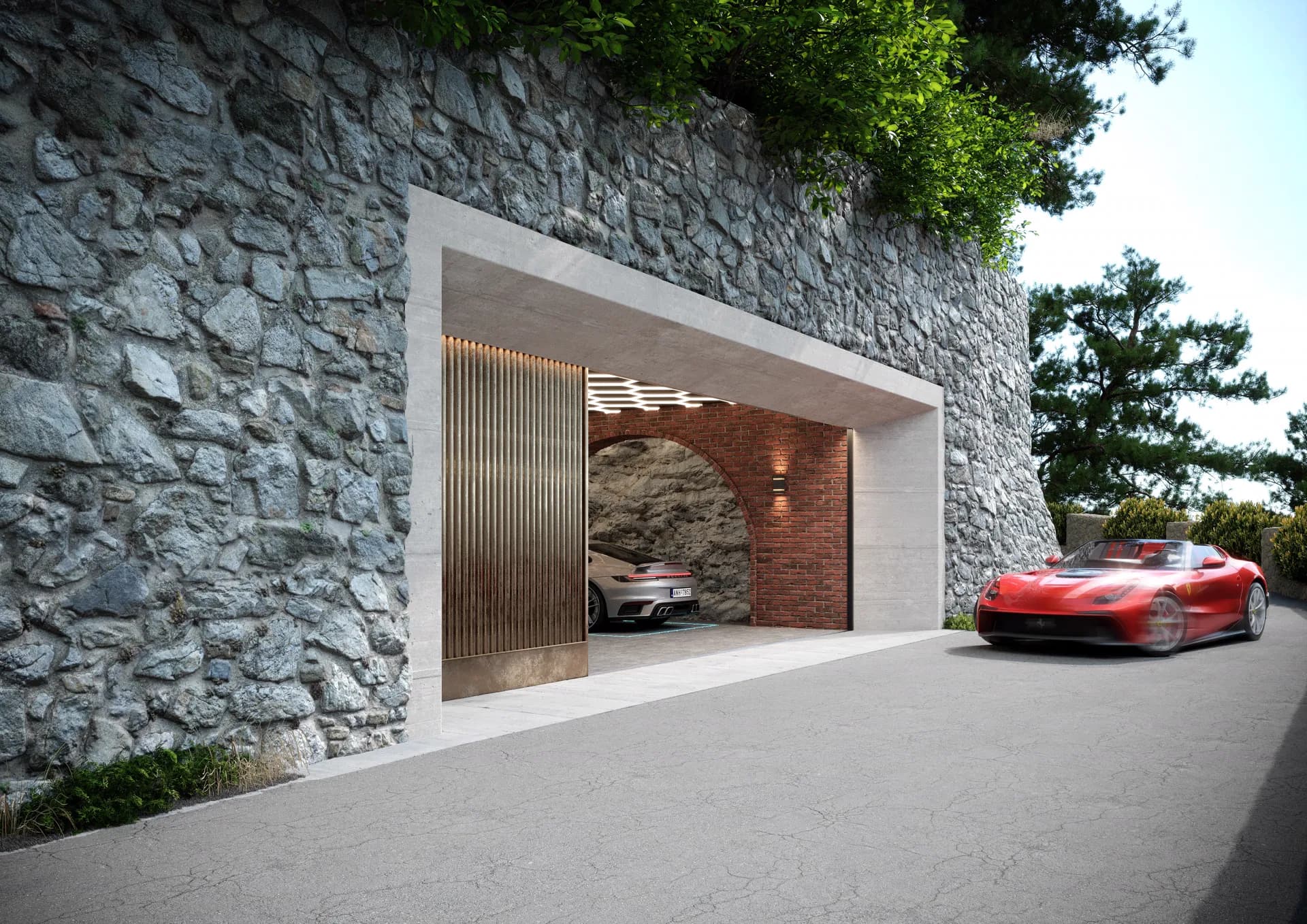 Garage entrance cut into a rock wall with a red sports car — Villa Luna, Cap Martin
