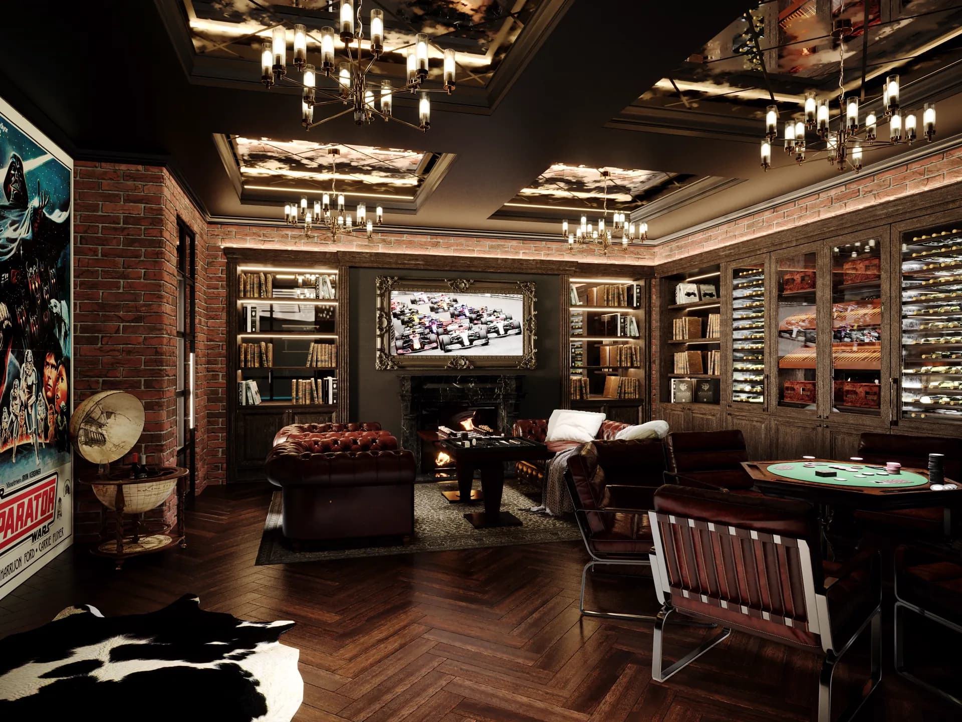 Gentlemen's club lounge with leather sofas, a card table and bookcases — Villa Luna, Cap Martin