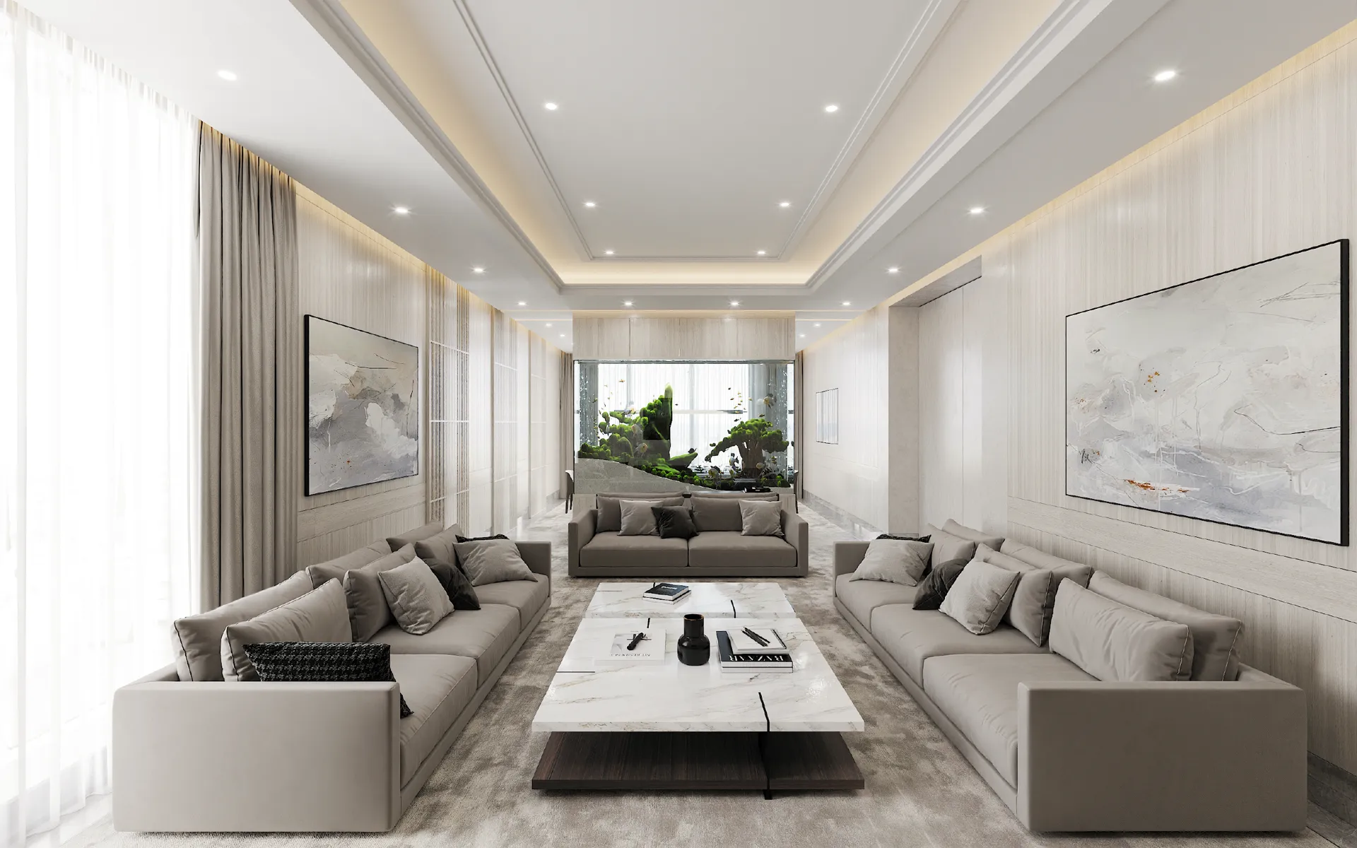Majlis with long grey sofas, a marble coffee table and garden view — Villa Nudra, Saadiyat Island