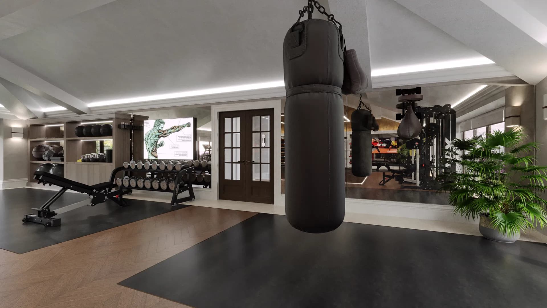 Gym with a heavy punch bag, weights rack and timber floor — Windsor Estate, Windsor