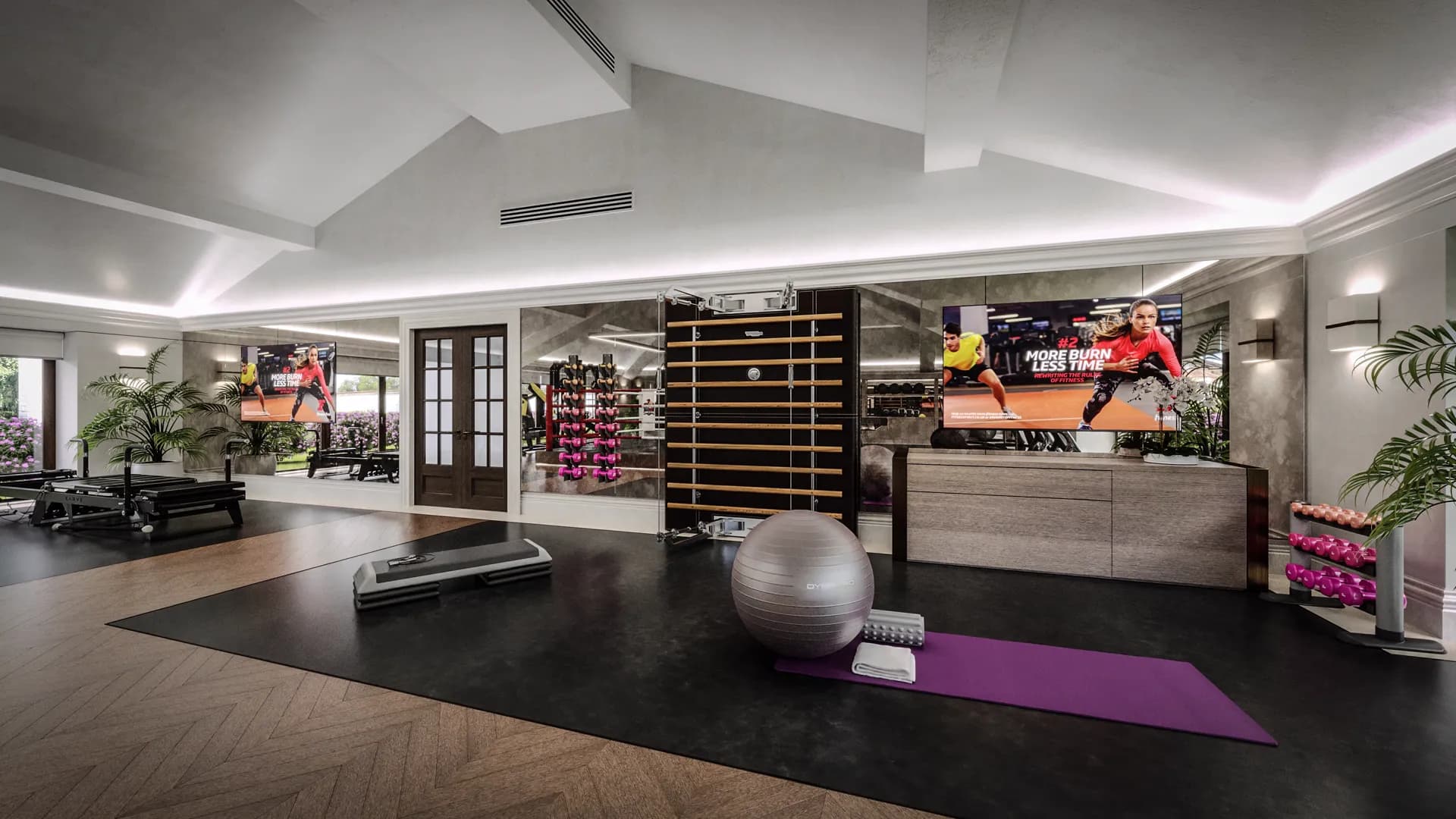 Studio area with a step, exercise ball, yoga mat and wall bars — Windsor Estate, Windsor