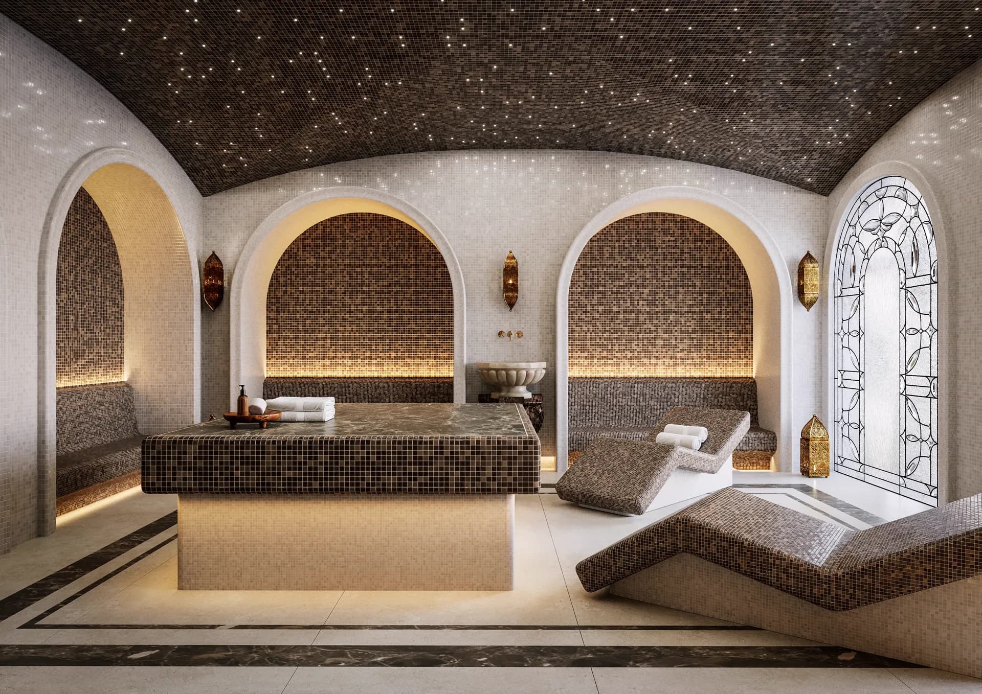 Steam room with heated mosaic loungers under a starlit ceiling — Windsor Estate, Windsor