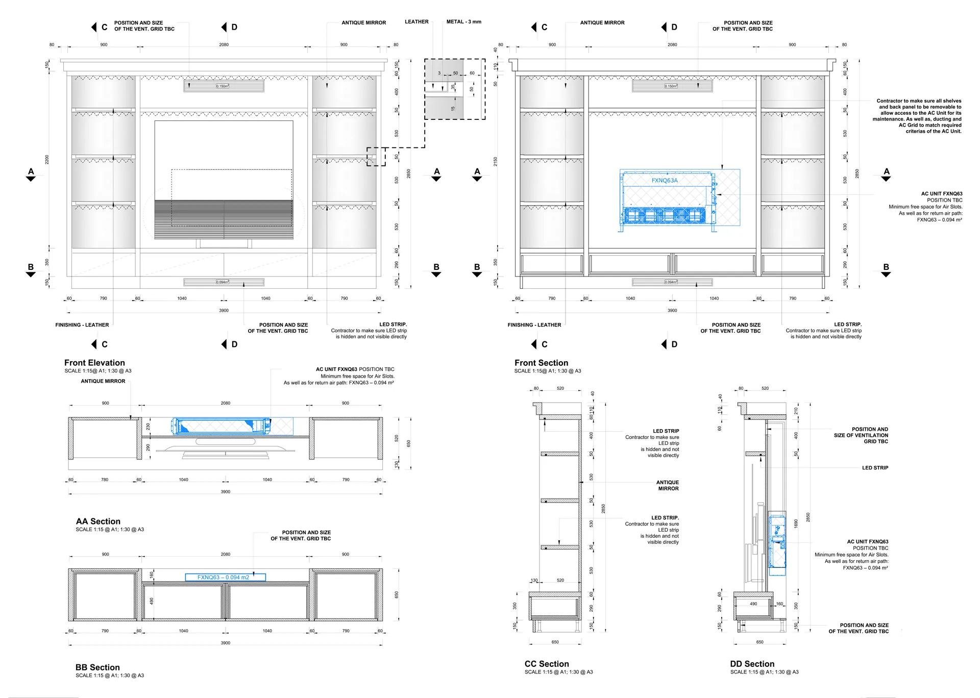 CAD drawing of a bespoke media unit: elevations and sections