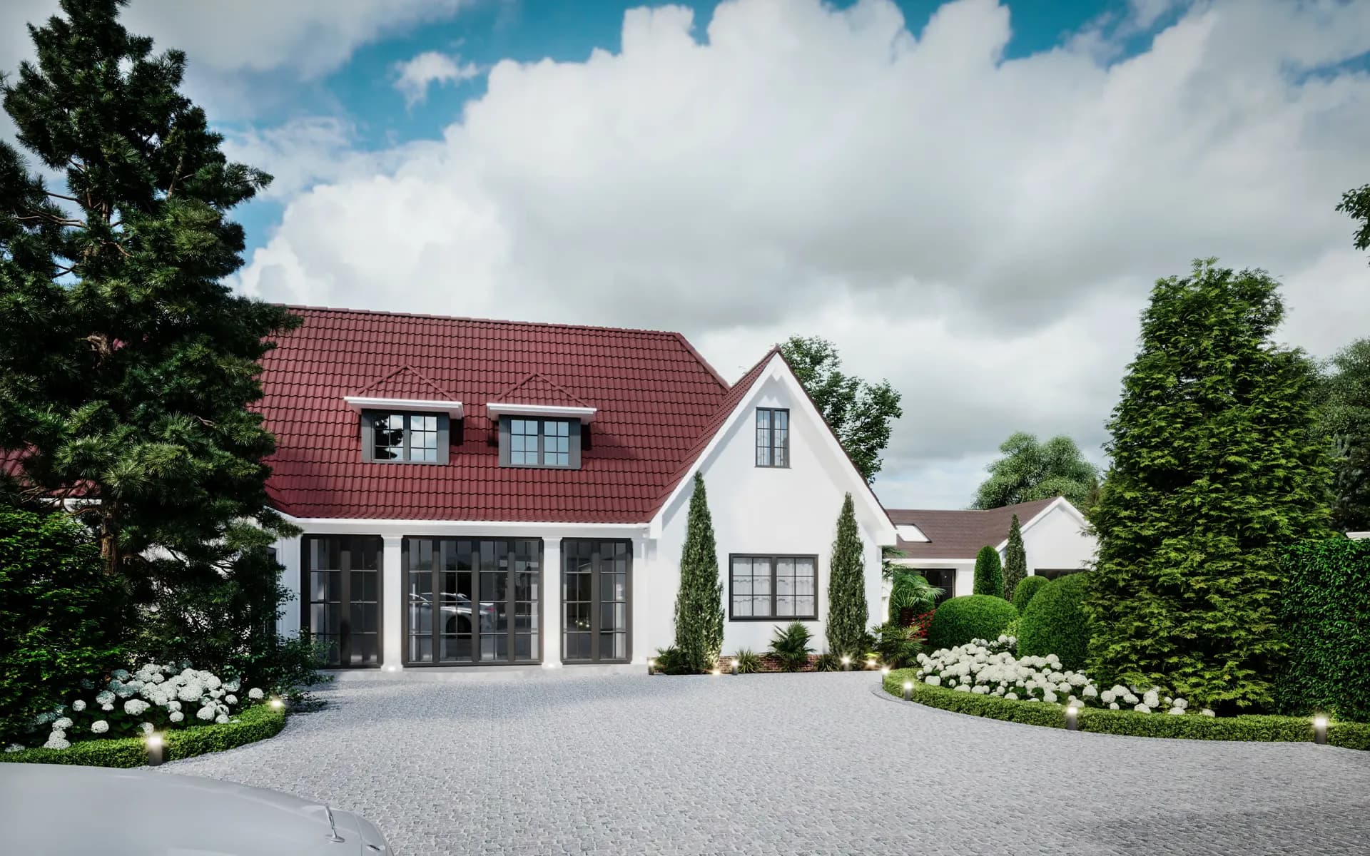 White family house with a red tiled roof, dormers and a gravel drive — House at Albert Mews, Romford
