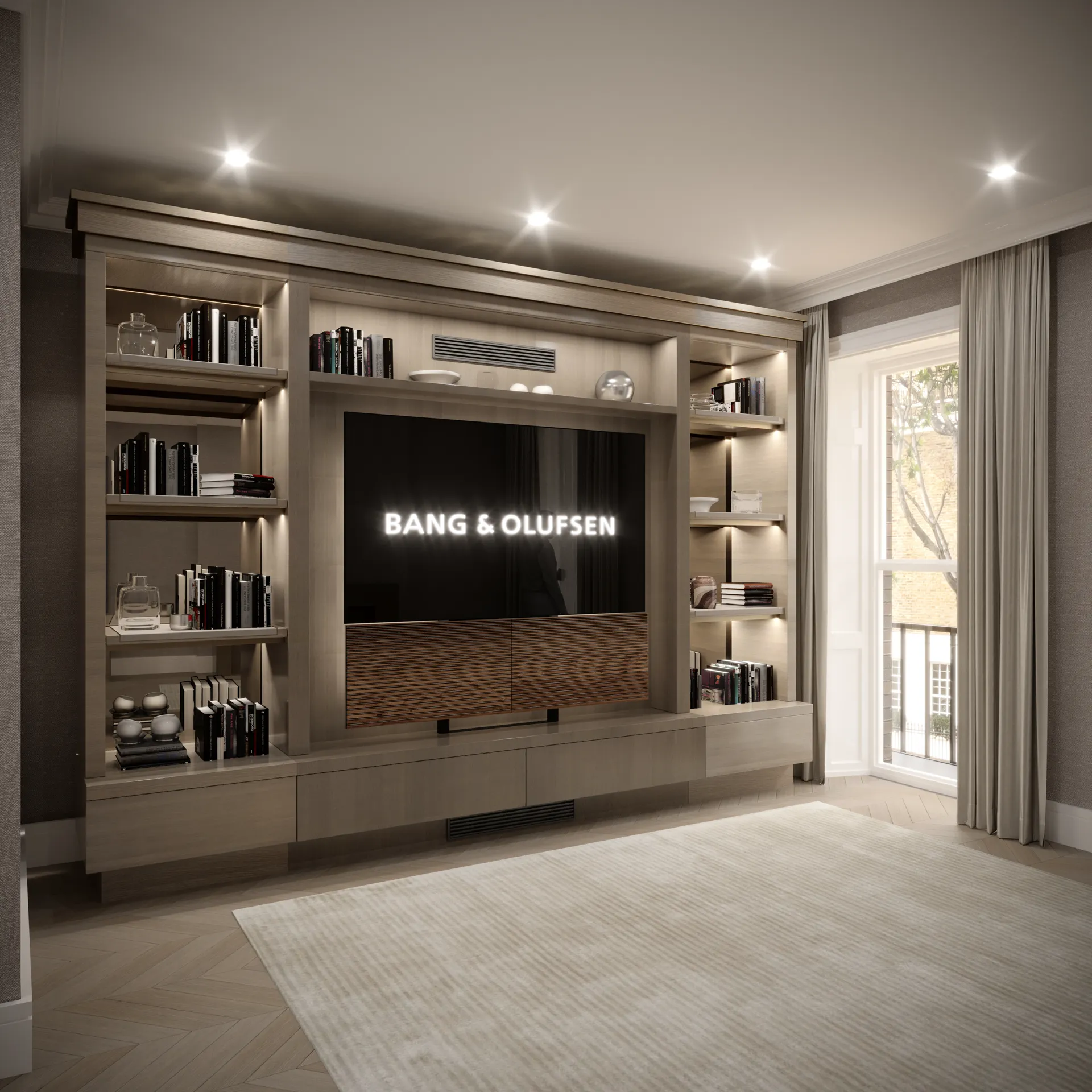 Bespoke timber media unit with a Bang & Olufsen screen and lit shelving — Belgravia, London