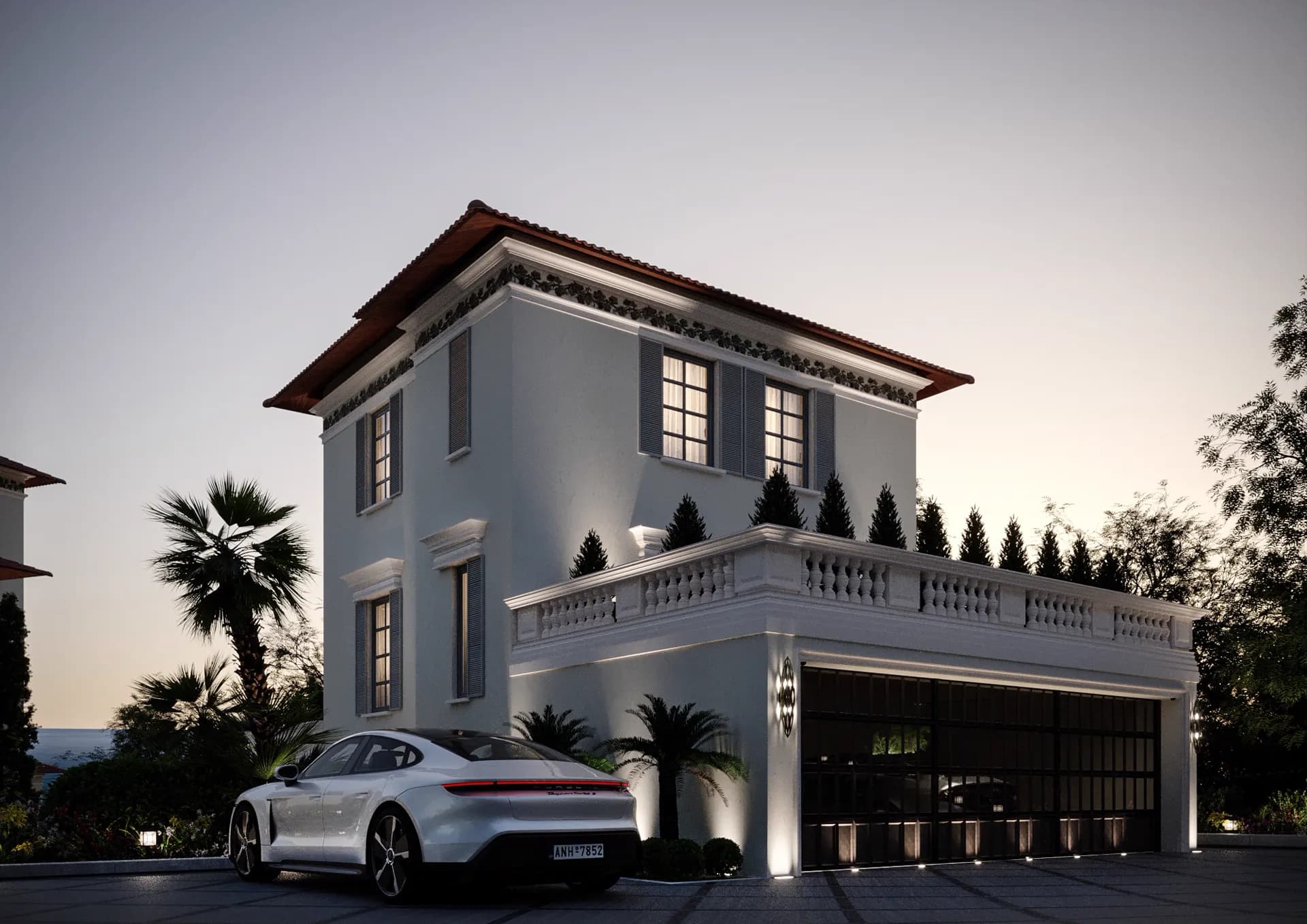 Villa with a balustraded terrace above the garage at dusk — Villa at Cap d'Ail, Cap d'Ail