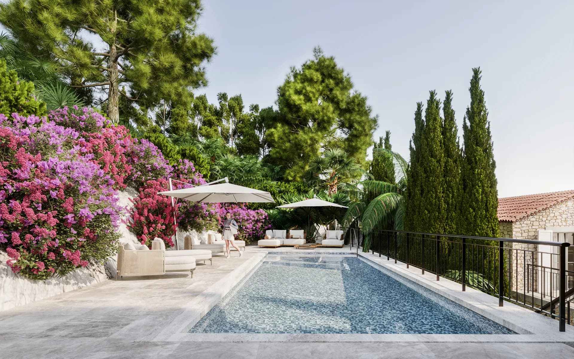 Terrace pool with loungers, parasols and bougainvillea — Villa La Belle, Saint-Jean-Cap-Ferrat