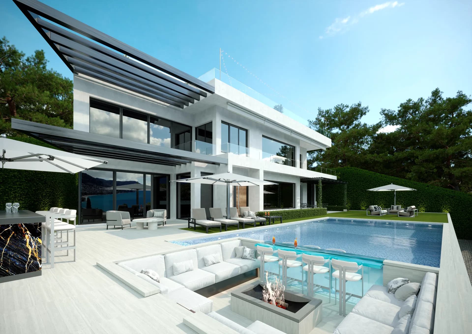 Modern villa with an infinity pool, sunken fire-pit lounge and bar — Villa Luna, Cap Martin
