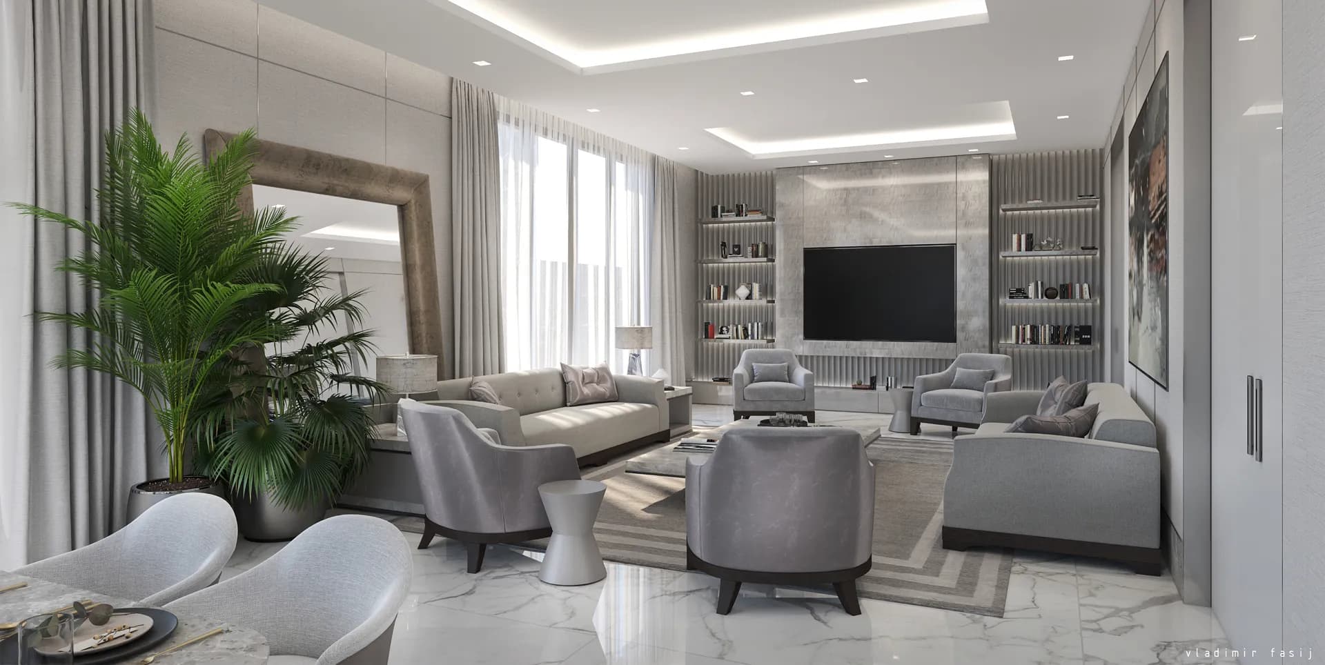 3D animation still of a living room with grey sofas and a media wall