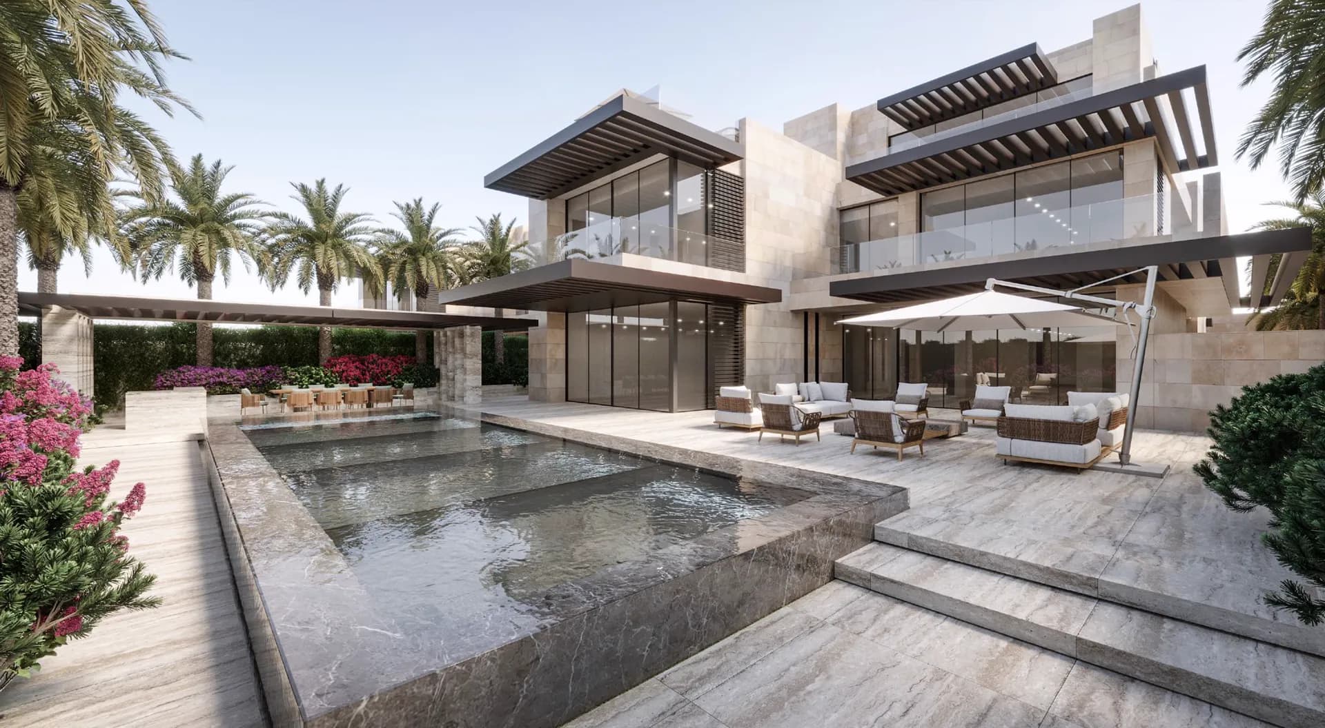 Photo-real 3D render of a contemporary stone villa with an infinity pool
