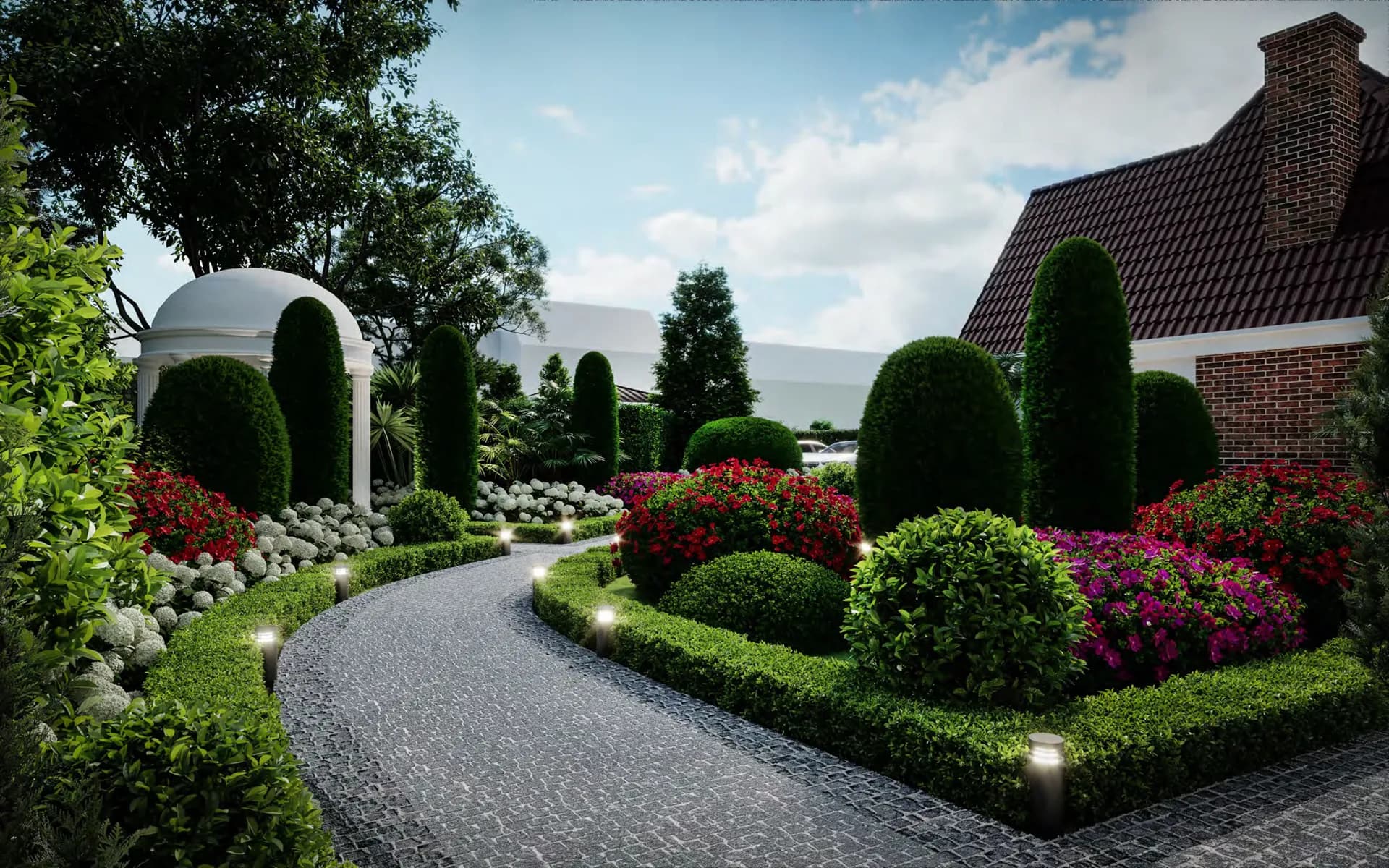 Landscape design with a curving path, topiary, roses and a gazebo