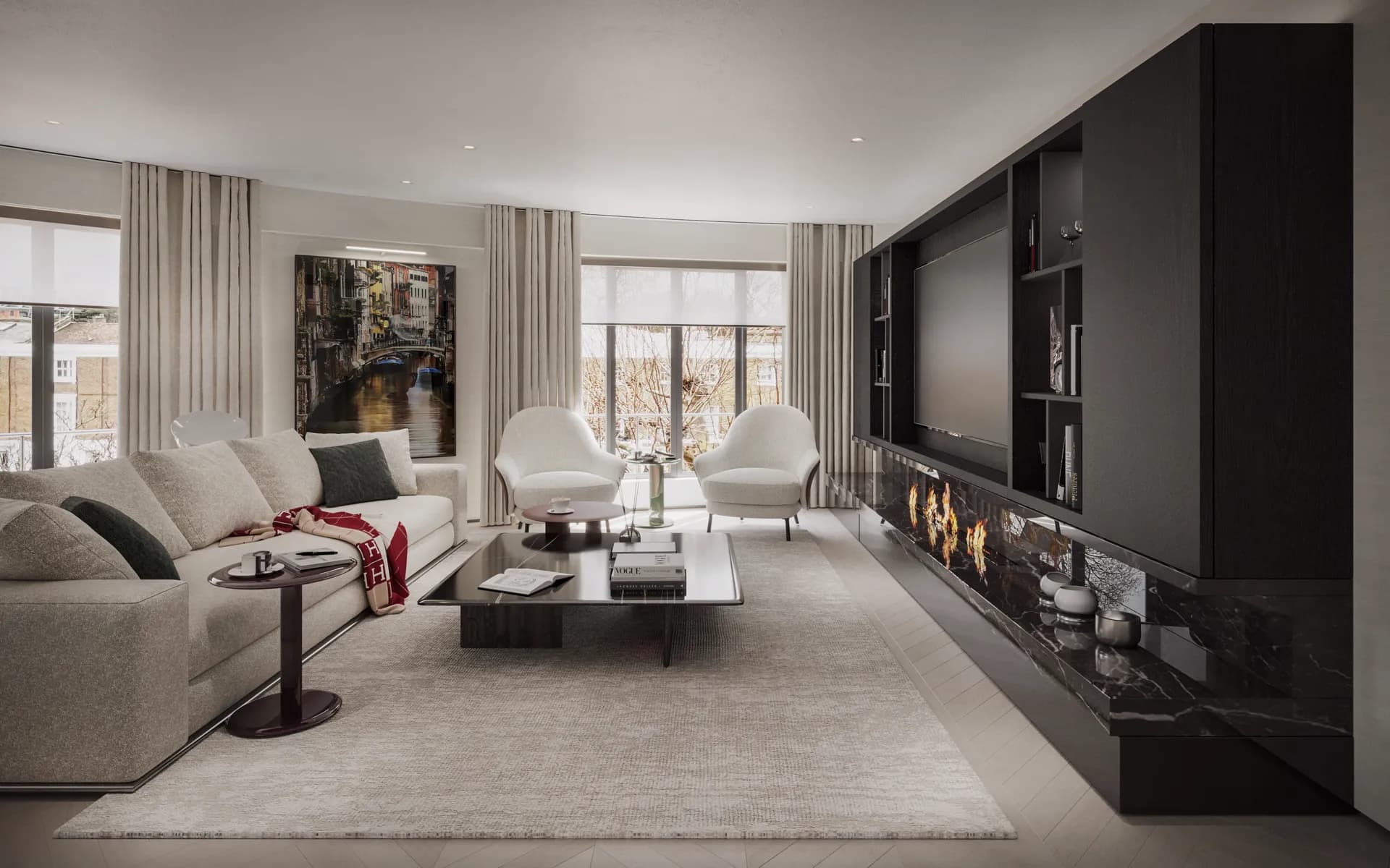 Interior design of a living room with a cream sofa and black media wall